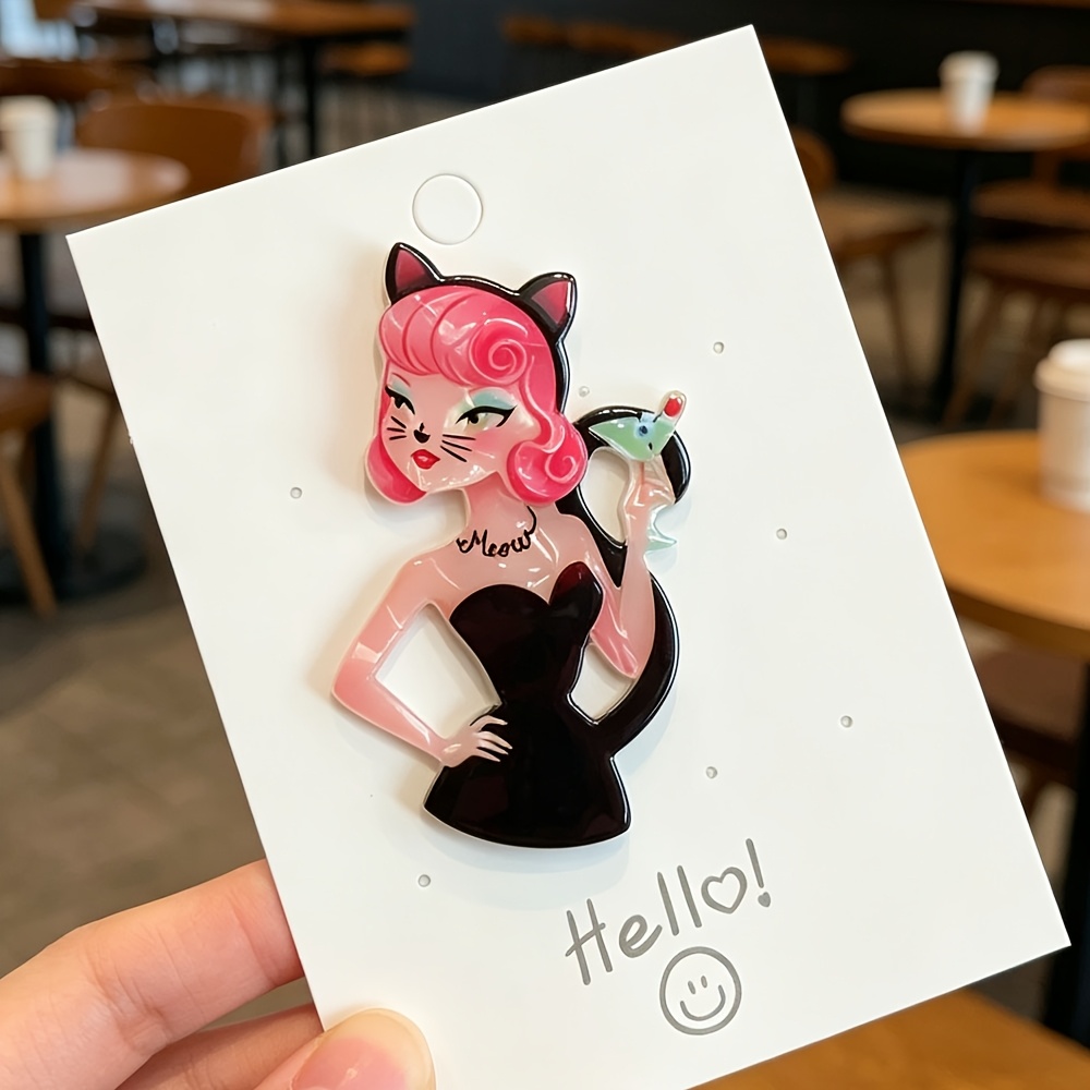TEMU 1pc Halloween Retro Pink Hair Cat Acrylic Brooch, Double Layer Splicing Resin Craft Anti-scratch