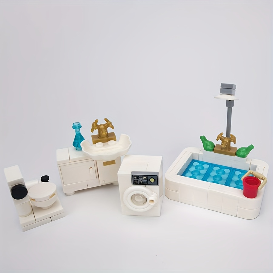 Image of Moc Building Block Toy, Bathroom Five-piece Set, Including A Washing Machine, Toilet, Bucket, Bathtub, And Sink, Perfect For Home Scene Display And Desktop Decoration, Suitable As A Holiday Gift