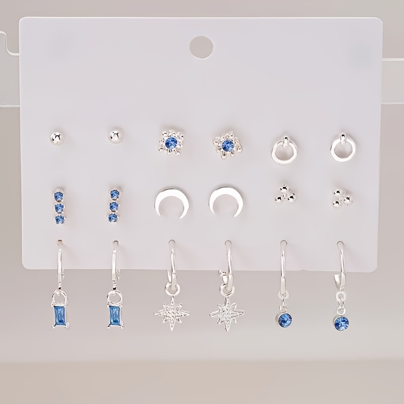 TEMU 9 Paar/Set Einfache, Moderne Exquisite Stern-, Mond-, Geometrische, Niedliche Akademische Damen-Ohrstecker Ohrring-Set, Ideal zum Verschenken