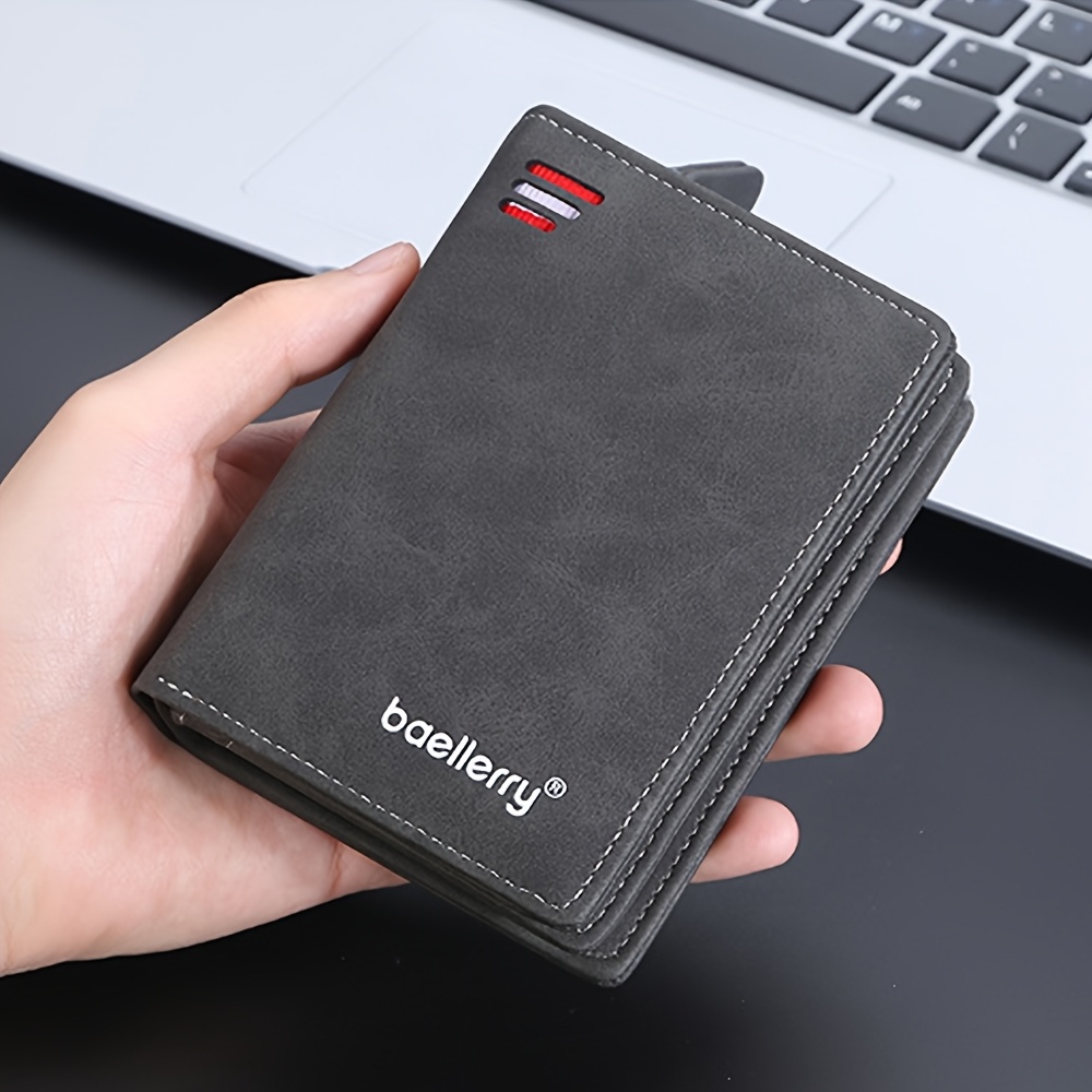 1pc/baellerry Men's Short Wallet, Multi-card Zipper Closure Coin Purse, Matte Faux Leather Vertical Wallet