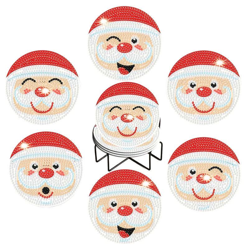 TEMU 6 Diamond Painting Wooden Coasters With Stands Featuring Santa Claus Elements, Perfect For Gifts For , Christmas, Weddings, And Birthday Parties