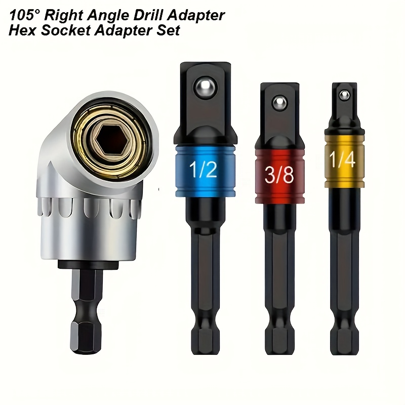 

4pcs/set, Impact Grade Tools, Driver Sockets Adapter Extension Set, 1/4in 3/8in 1/2in Hex Shank Drill Nut Driver Bit Set + 105 Degree Right Angle Driver, Extension Screwdriver Drill Attachment