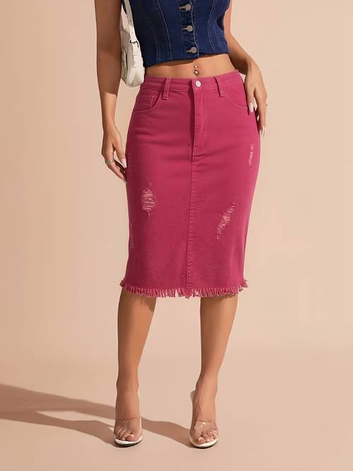 1pc 2026ss dragon fruit red ripped frayed denim midi skirt for women summer new high waisted straight bodycon style dating shopping music festival catching versatile women skirt
