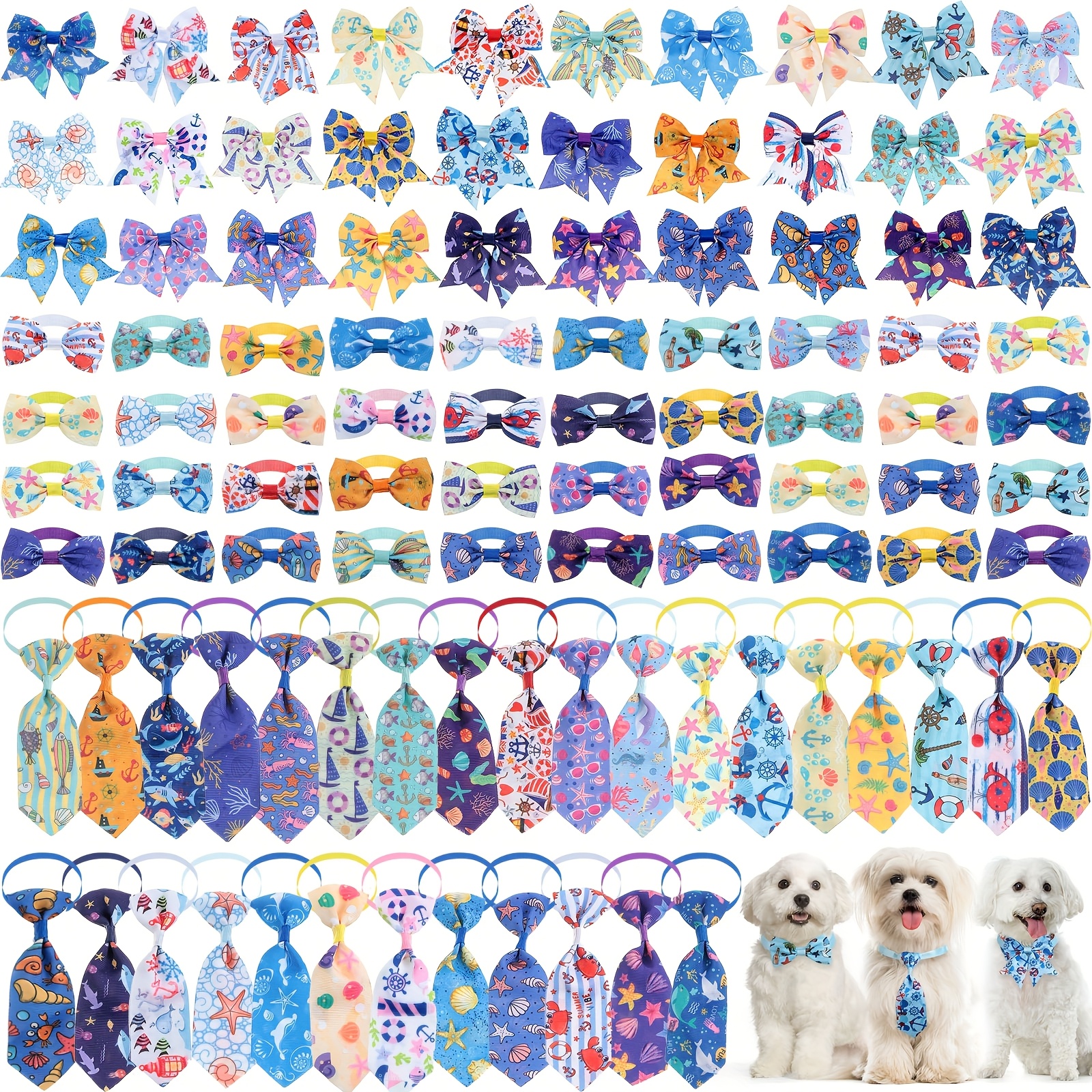 TEMU 100pcs Dog Bow Tie Collar Set 40 Dog Neckties, And 30 Puppy Bowties, 30 Collar Flowers, Adjustable Pet Ties Grooming For Small Medium Cats Pets Supply (ocean)