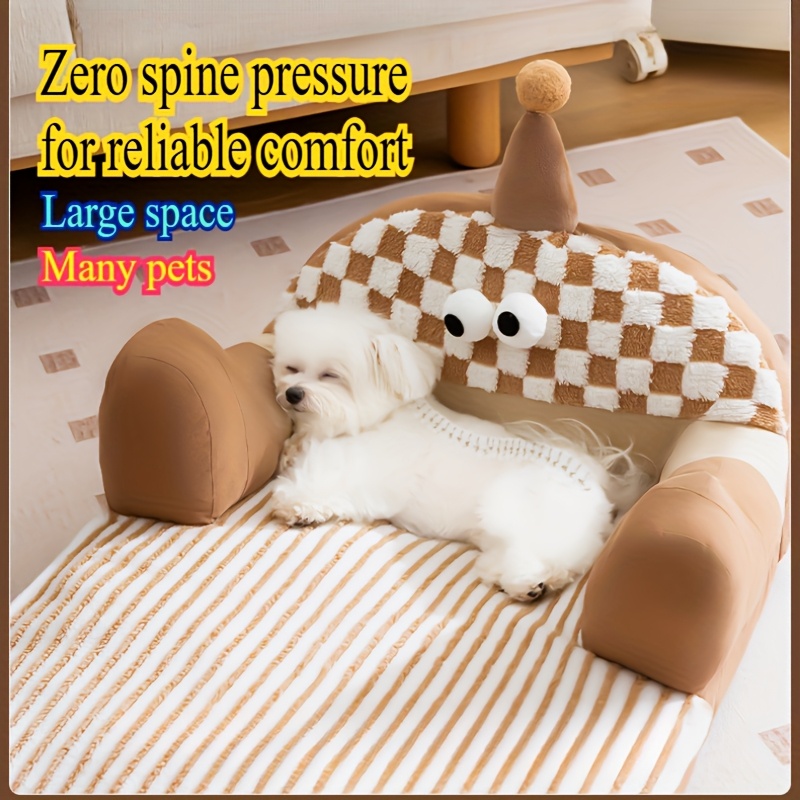 cozy     sofa bed for small to medium dogs and cats soft warm   plush nest with checkered pattern and adorable eyes design beige brown polyester fabric pet sleeping sofa   design plush fabric bed Product details 0