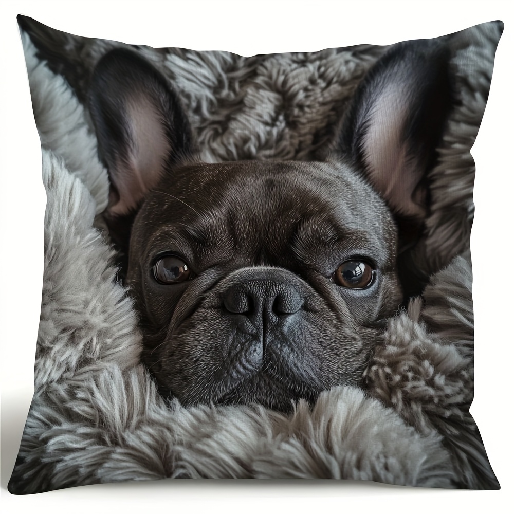TEMU 1pc Of French Bulldog Decorative Pillow Cover, Machine Washable, Made Of 100% Polyester, With Zipper Closure, Short Plush Material, Suitable For