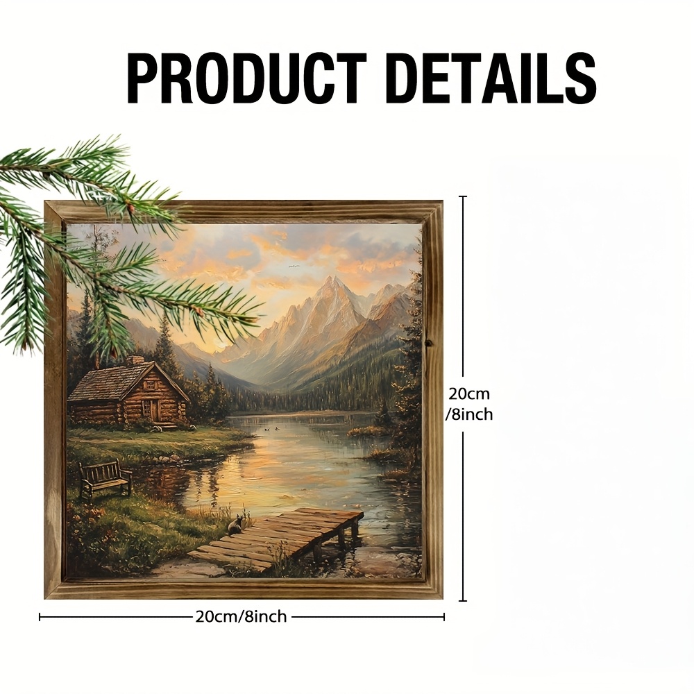 TEMU Art paysager 2D plat, 2D plat, 1 pièce, cadre en bois rustique - Vue de montagne et de avec et , idéal pour la décoration du salon ou du bureau,