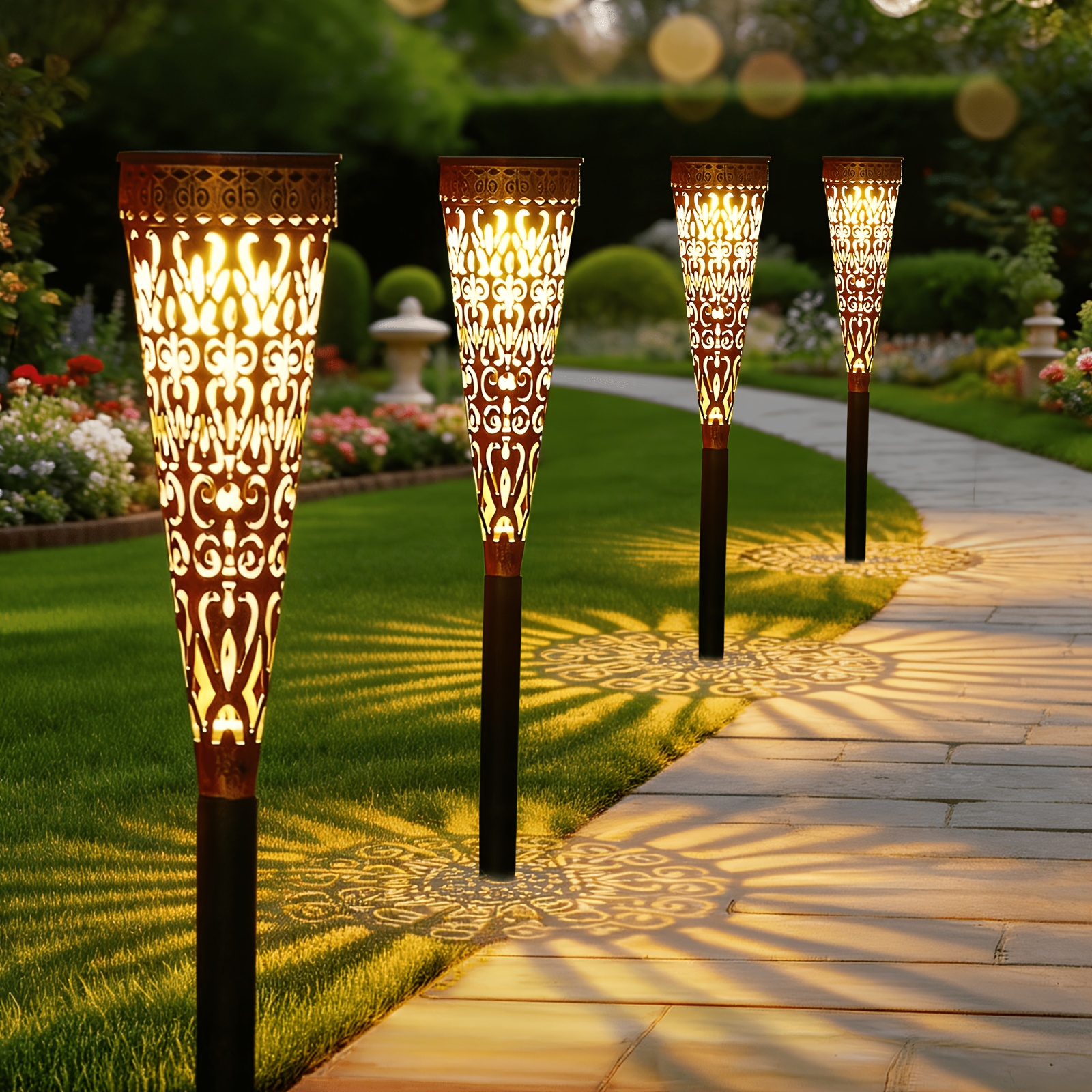Image of 4 Pack Metal Led Solar Outdoor Lights, Ipx5 Solar Lights Garden Outside For Pathway Lighting Balcony Terrace Lawn Christams Decorations