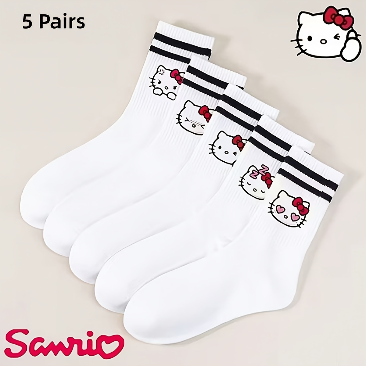 E-shop 5 Paar Hello Kitty Damen- & Crew-Socken – Weiche, atmungsaktive Alltagssocken für Freizeitkleidung mit -Gesicht & ikonischen Mustern,