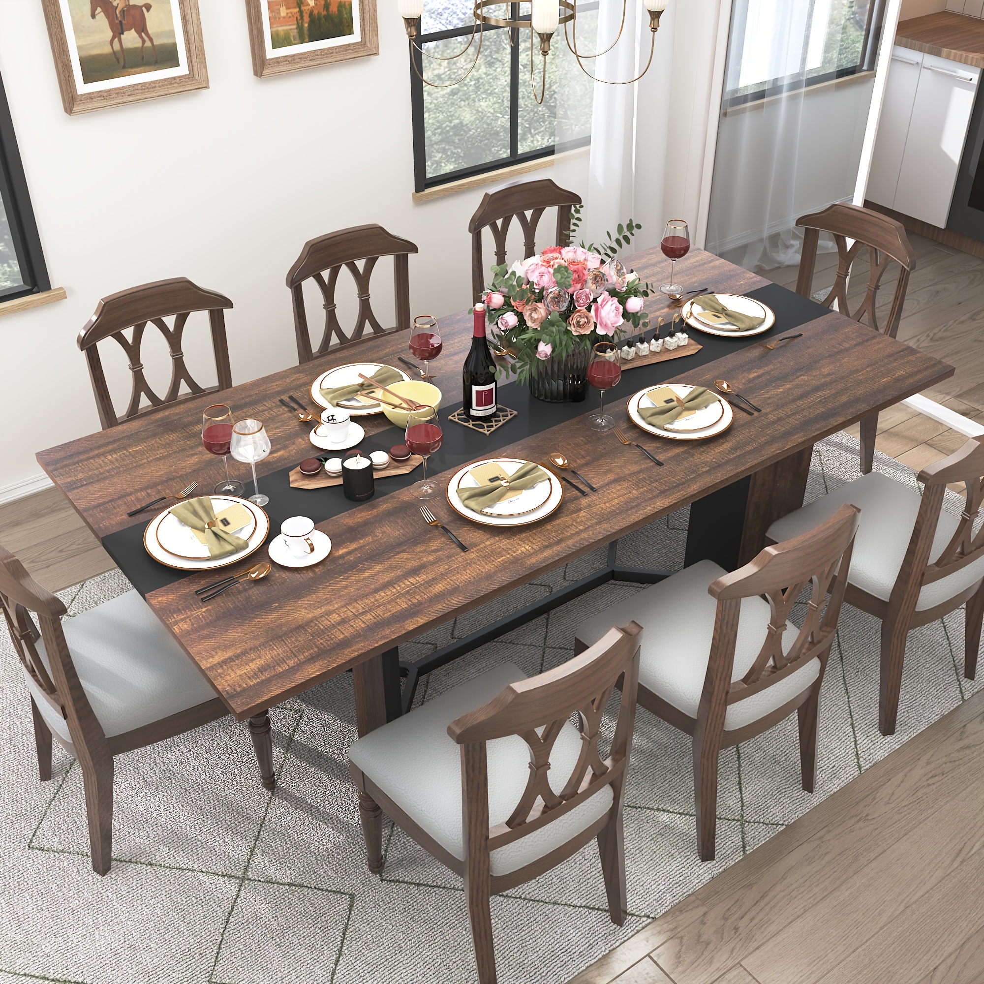 Waterproof and Scratch-Proof Dining Table - Luxurious 71-Inch Large Rectangular with Marble-Color Wood Top - Adjustable V-Shaped Legs for 4-7 People - Ideal for Family Dinners, Office, Kitchen, Living Room
