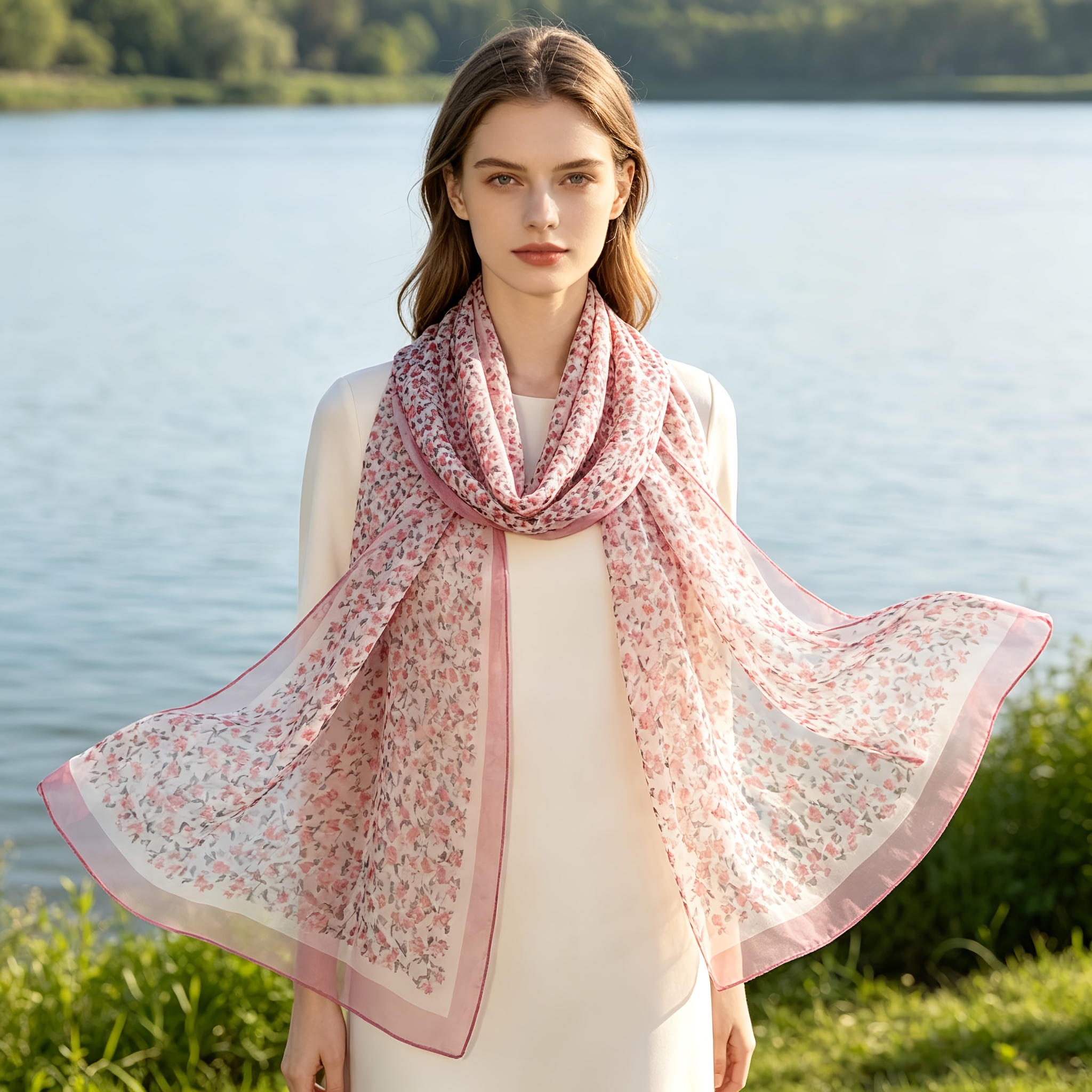 TEMU 100% Silk, Lightweight, Breathable, Soft, And Shawl. New Summer Style For Women, Elegant Pink Small Floral Print Scarf. Suitable For For