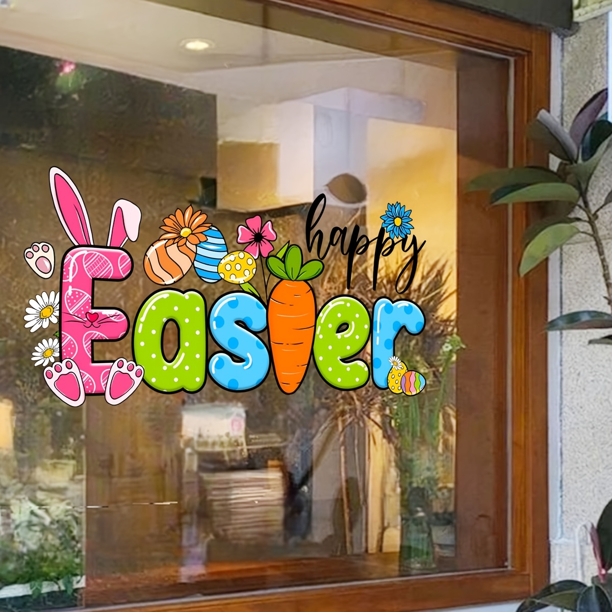 

1pc, Easter Themed Window Cling Decal (30x60cm), Phrases With , Eggs, , Carrots, Flowers, Contemporary Pvc Static Cling Decor For Bedroom, Display Window, Balcony, Reusable, 5mil Thickness - Dj4108-zc