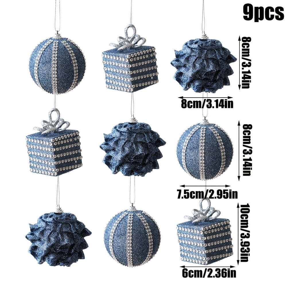 TEMU 9pcs 9pcs Suitable For Christmas Tree & Gift Bag Charms - Elegant Tale Plastic Spherical Ornaments With Round Shiny Balls, Blue Hanging