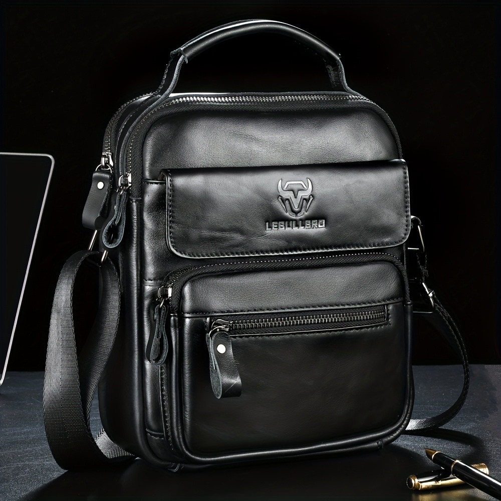 lebullbro mens 100 genuine leather crossbody sling bag adjustable strap multiple compartments sleek   for business casual use black versatile travel pouch   cowhide