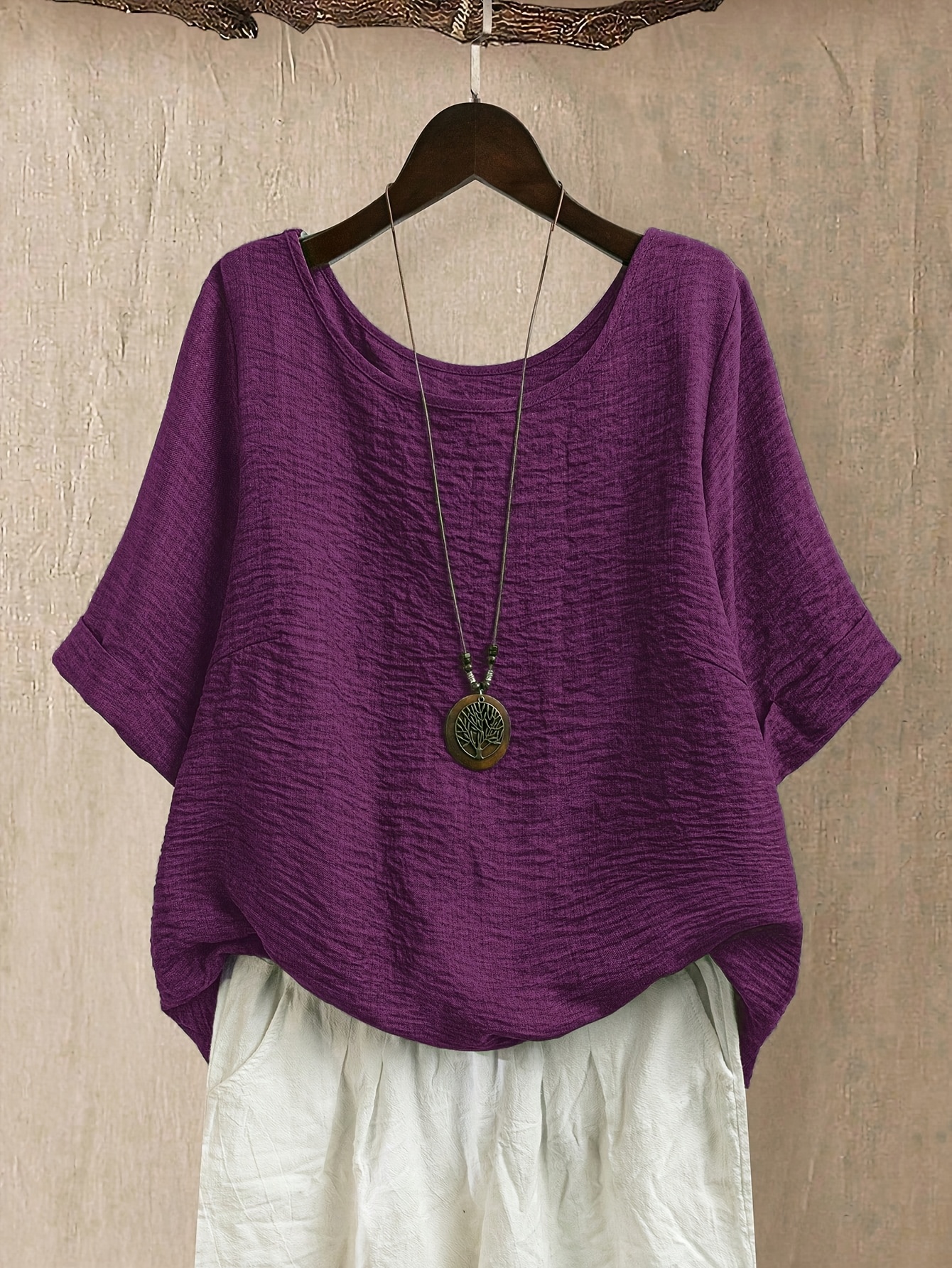 plus size womens plus size round neck rolled sleeve short sleeve shirt