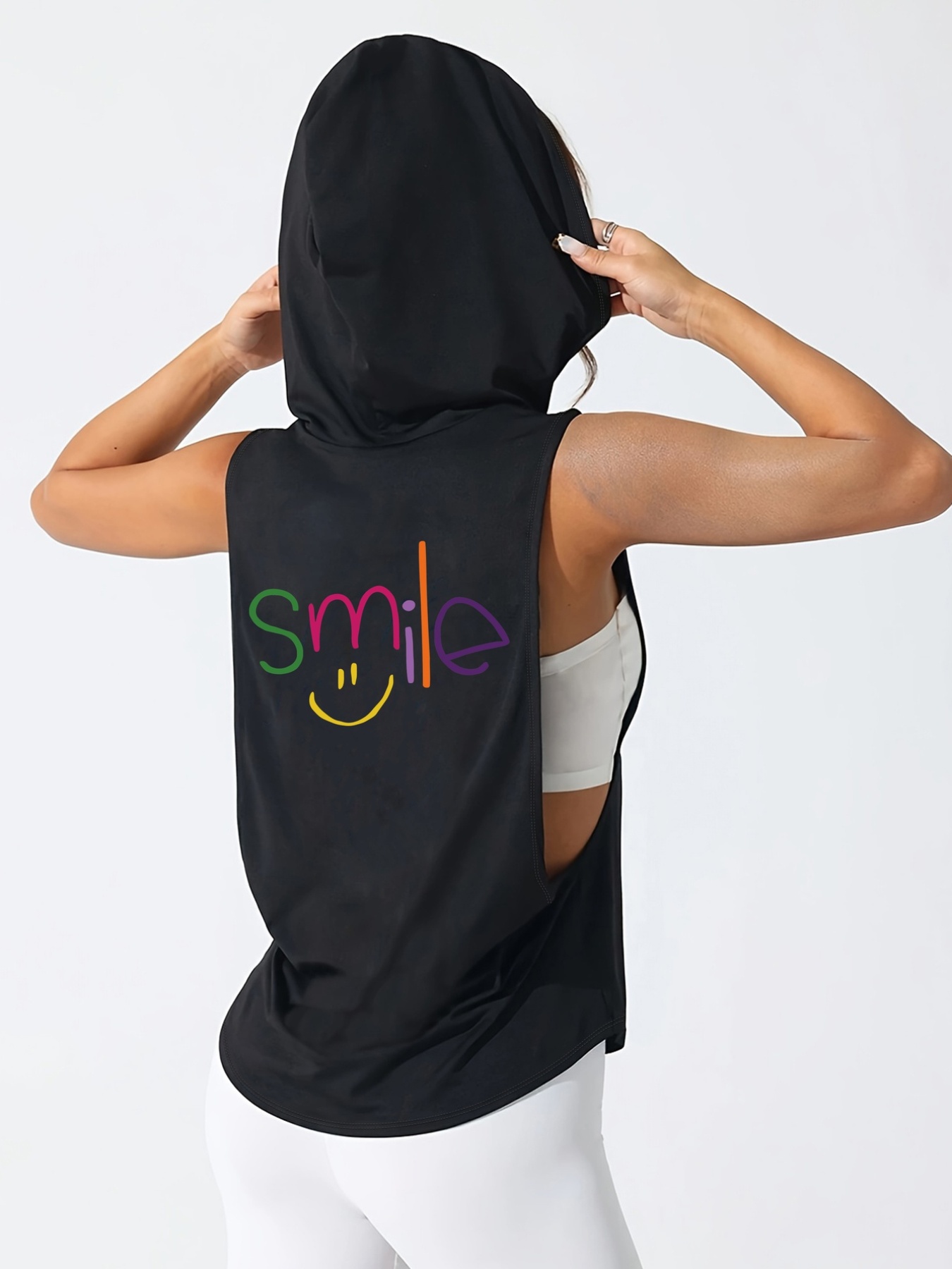 Black Print, Sleeveless Hooded Sports Vest, Smile, Smiling Face Print, Loose Fit, Machine Washable, Suitable for Spring/summer Casual and Sportswear, Summer Casual Apparel, Hooded Sportswear, Comfortable Fabric