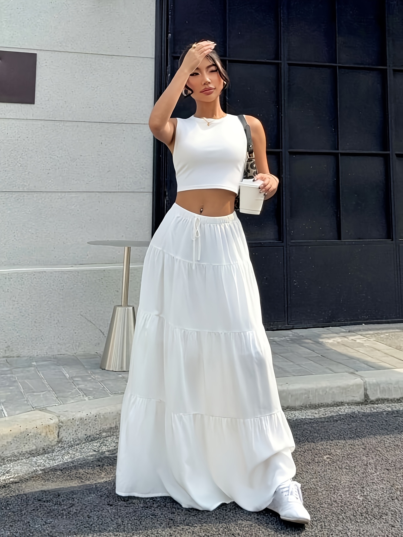 Crop Top White Ruffle Skirt Uk Women's Elegant Vacation Solid