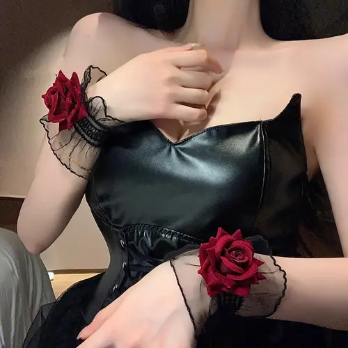 1 pair retro gothic punk rose lace gloves black mesh with burgundy floral accents elastic cuffs for costume party wedding halloween accessories halloween costumes festive armwear sophisticated