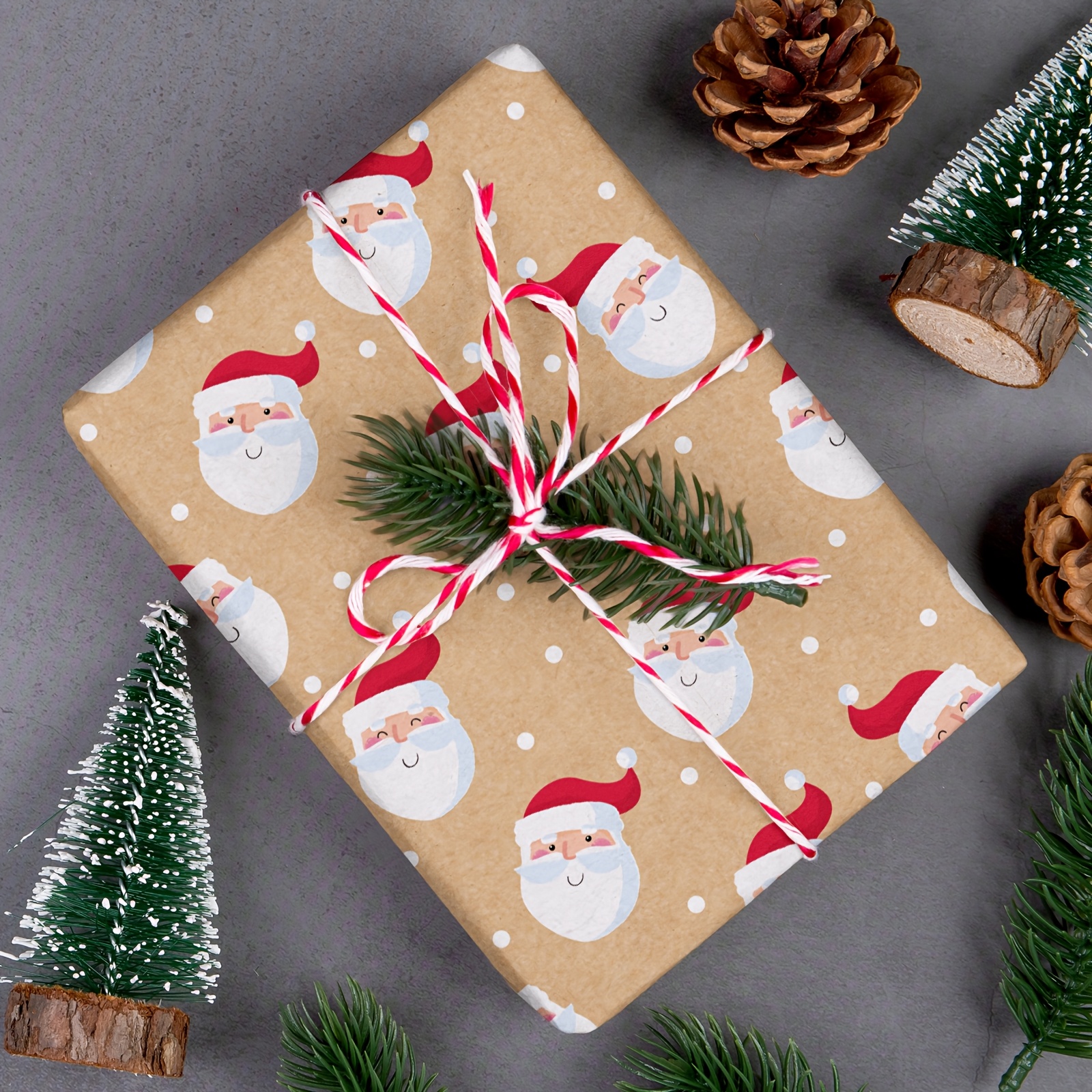 TEMU 1 Roll Of Christmas Wrapping Paper | Brown Background With Cartoon Santa Claus Face & White Polka Dot Pattern Suitable For Christmas Parties,