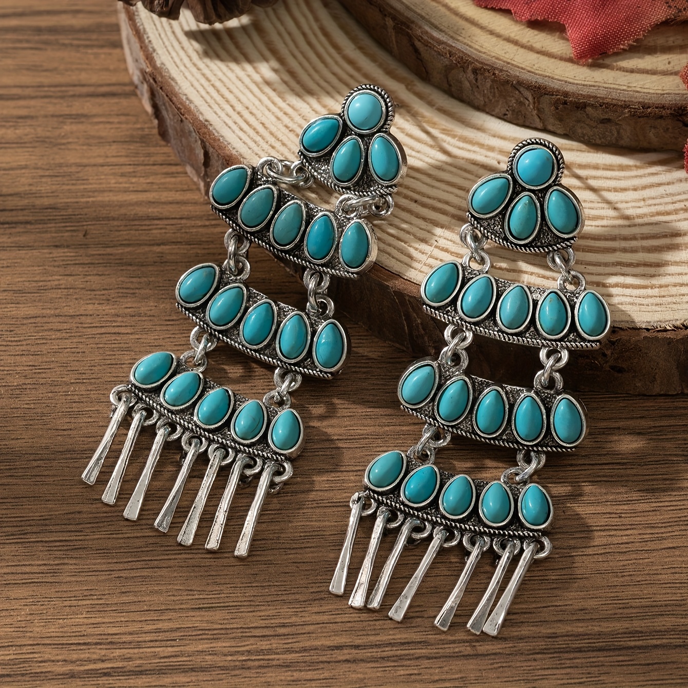 TEMU Bohemian Western-style Alloy Turquoise Tassel Earrings For Women - Vintage Fashion, Drop Dangle Design, Ideal For & Holiday Gifts