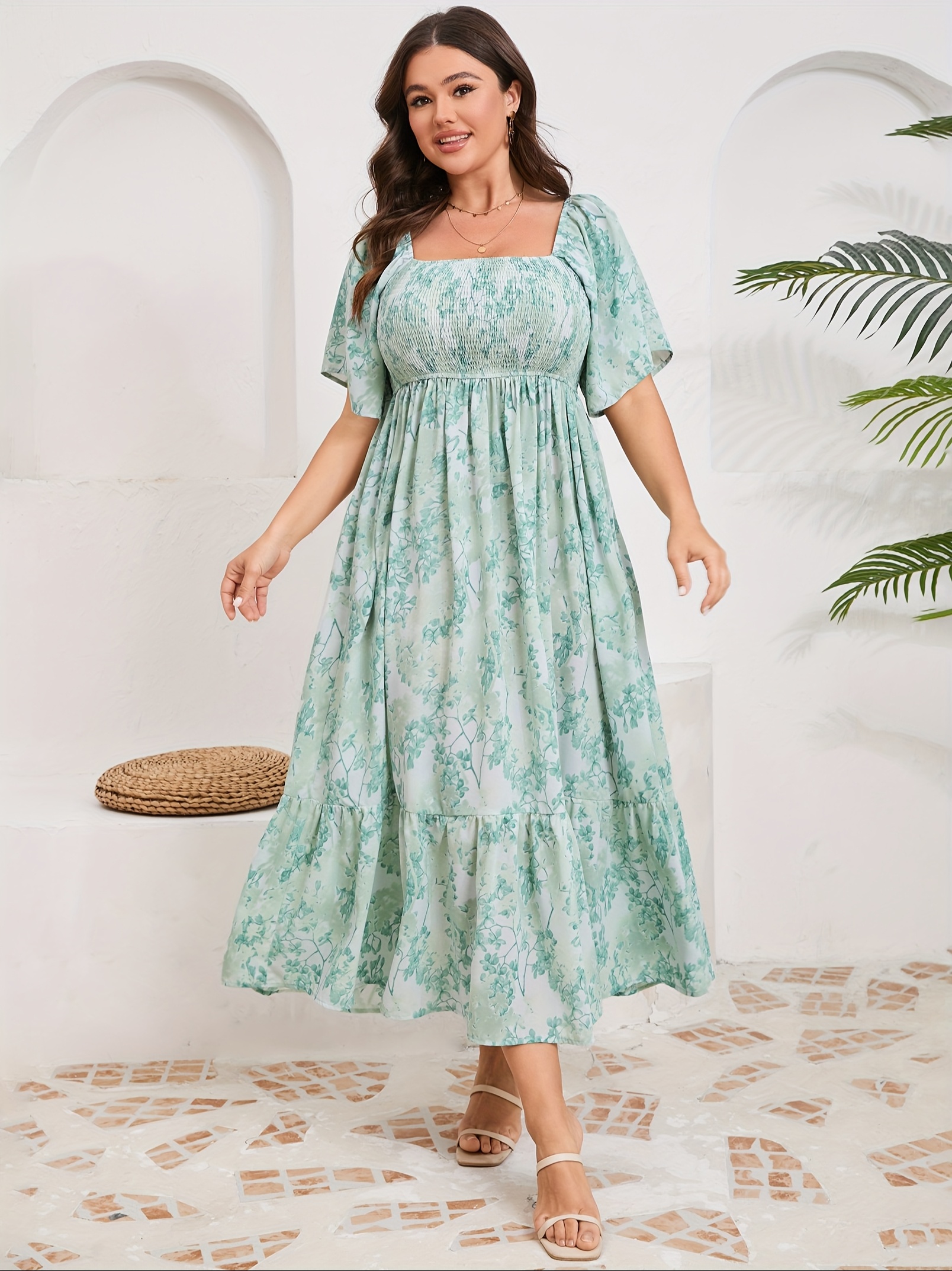 womens plus size maxi dress square neck short sleeve smocked - Temu
