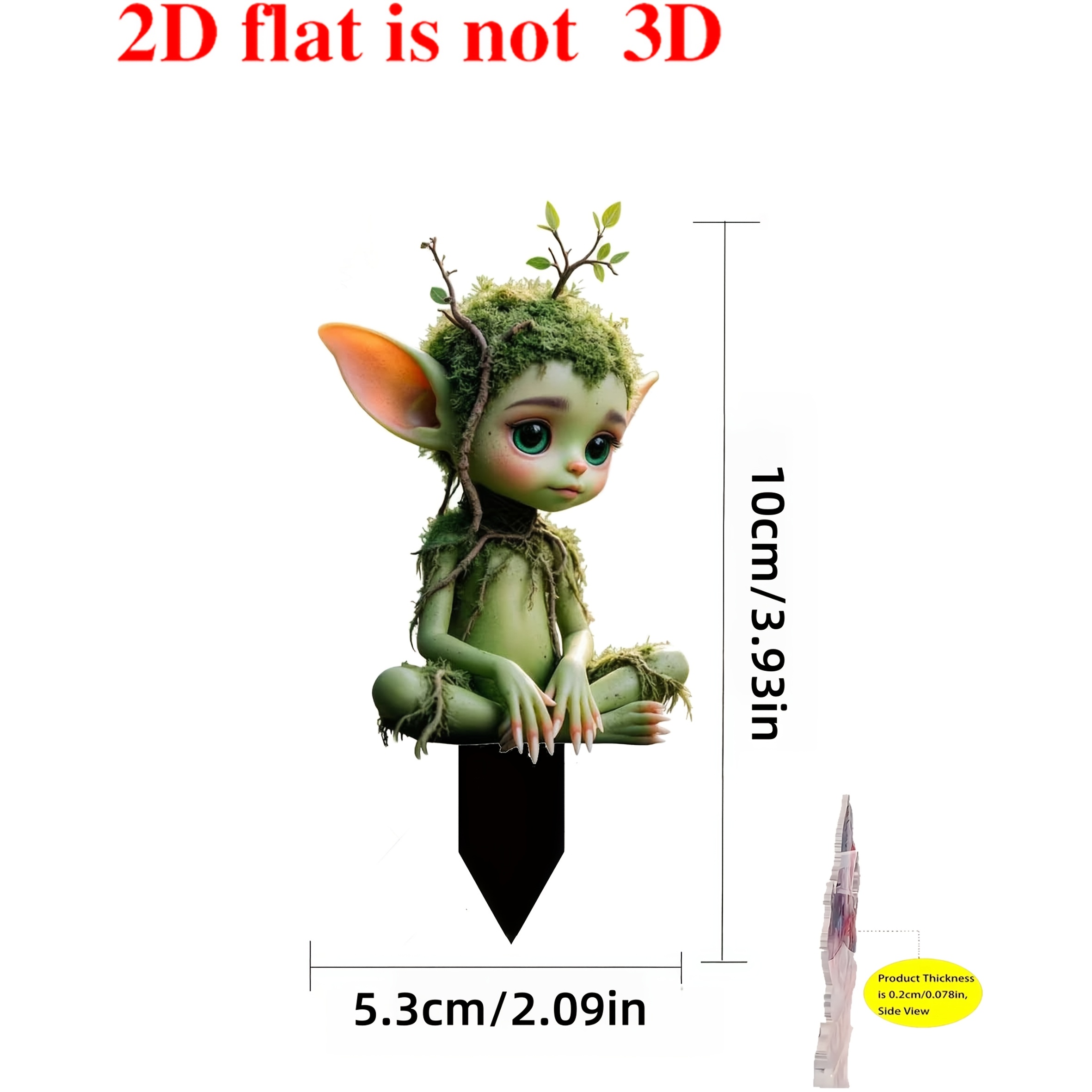 TEMU 2D Flach, [2D Flach] . Böhmischer Feen-Elfen-Gartenstecker mit moosbewachsenem Ast & spitzen Ohren - Dicke Acryl-Außendekoration geeignet für