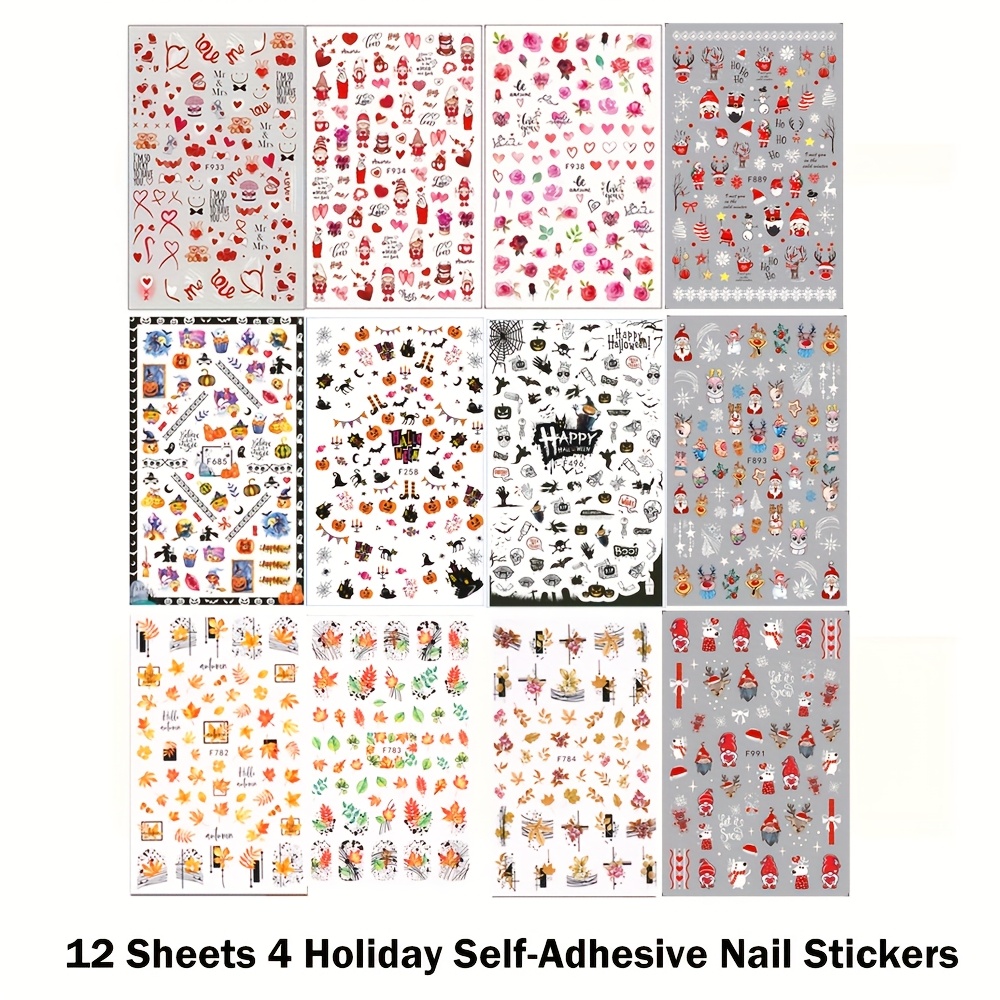 Image of 12 Sheets All Holidays Nail Art Stickers, Mixed Pack For Halloween Fall Christmas Valentine's Day, Self-adhesive Design Thanksgiving Nail Decals (fashion)