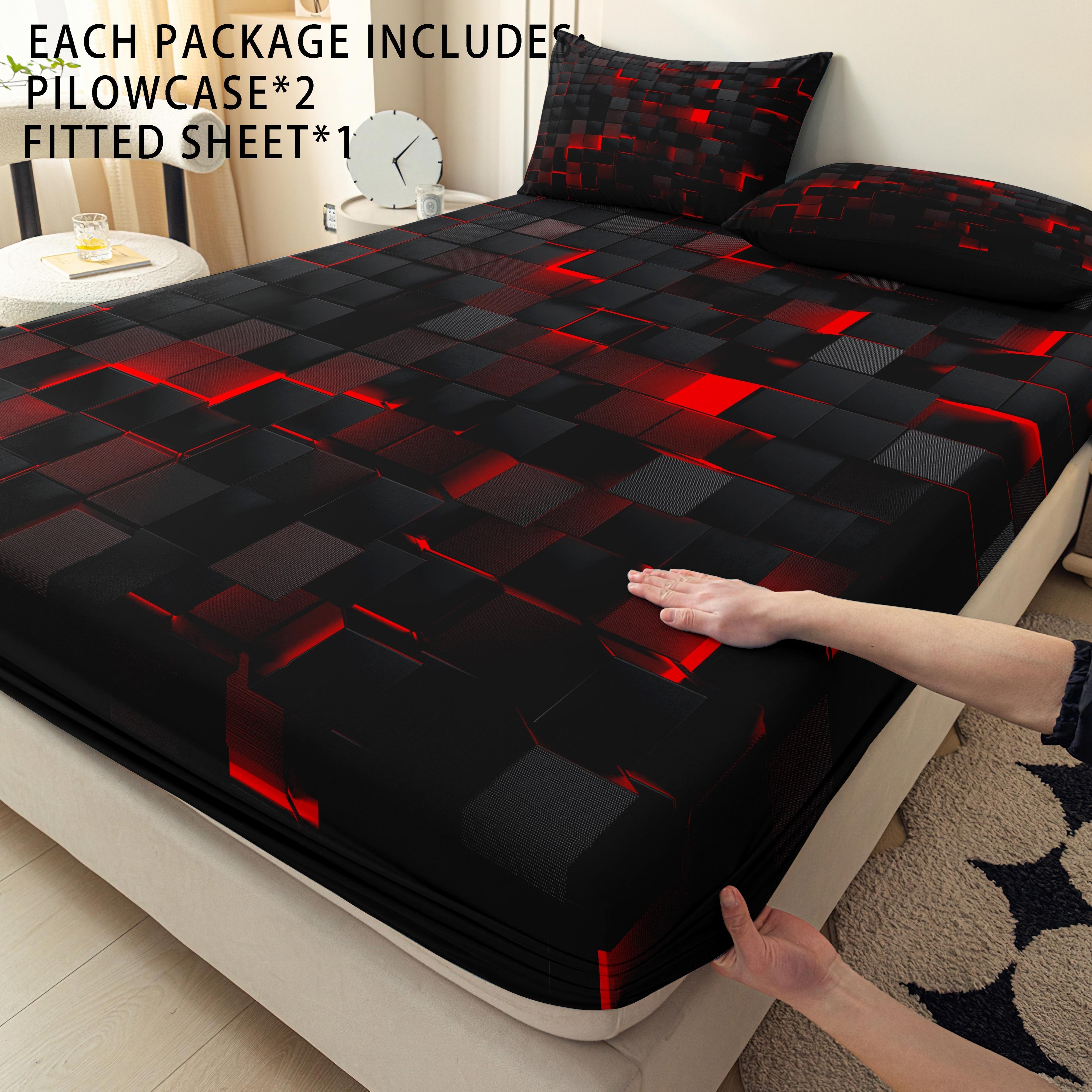 TEMU 3pcs Blue /red 3d Geometric Art Printed Sheet Set - Soft, Breathable And Comfortable Bedding For Bedroom, 1 Fitted Sheet + 2 Pillowcases (quilt