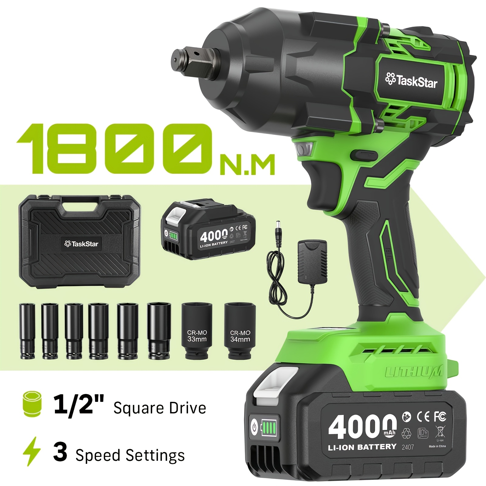 TEMU Taskstar 1180ft-lbs Brushless Impact Wrench Kit - 1800nm/800nm Max Torque, 1x4000mah Battery & Fast Charger | Heavy-duty For Truck/car Tire