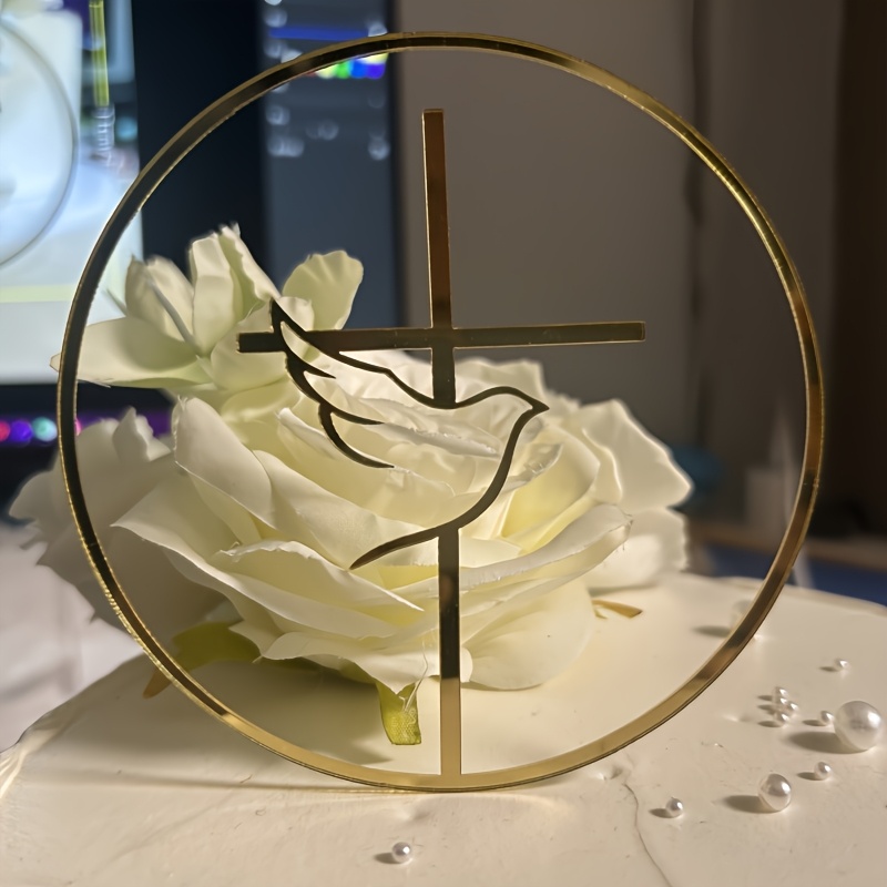 Image of 5pcs Cake Topper Set - Romantic And Cross Design, Suitable For Baptism, Christening, Communion - Versatile Party Decoration, Suitable For Dessert Tables, Baking, And Cake Decorating Supplies