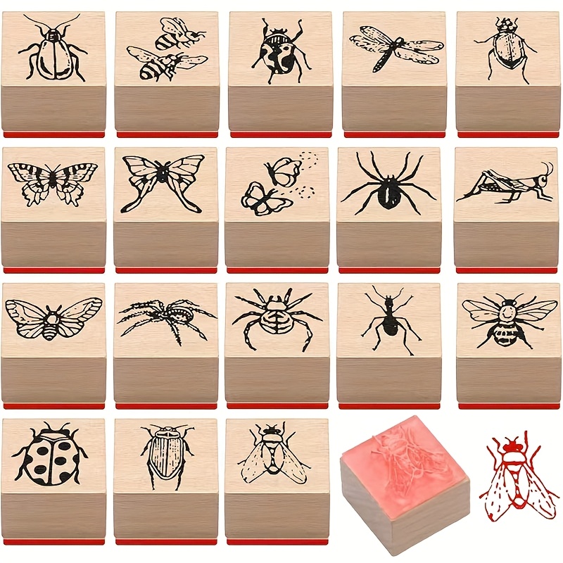 Wooden Stamp Set Featuring An Insect Theme With 18 Designs Of Cartoon Beetles, Butterflies, And Bees For Decorating Journals And Projects