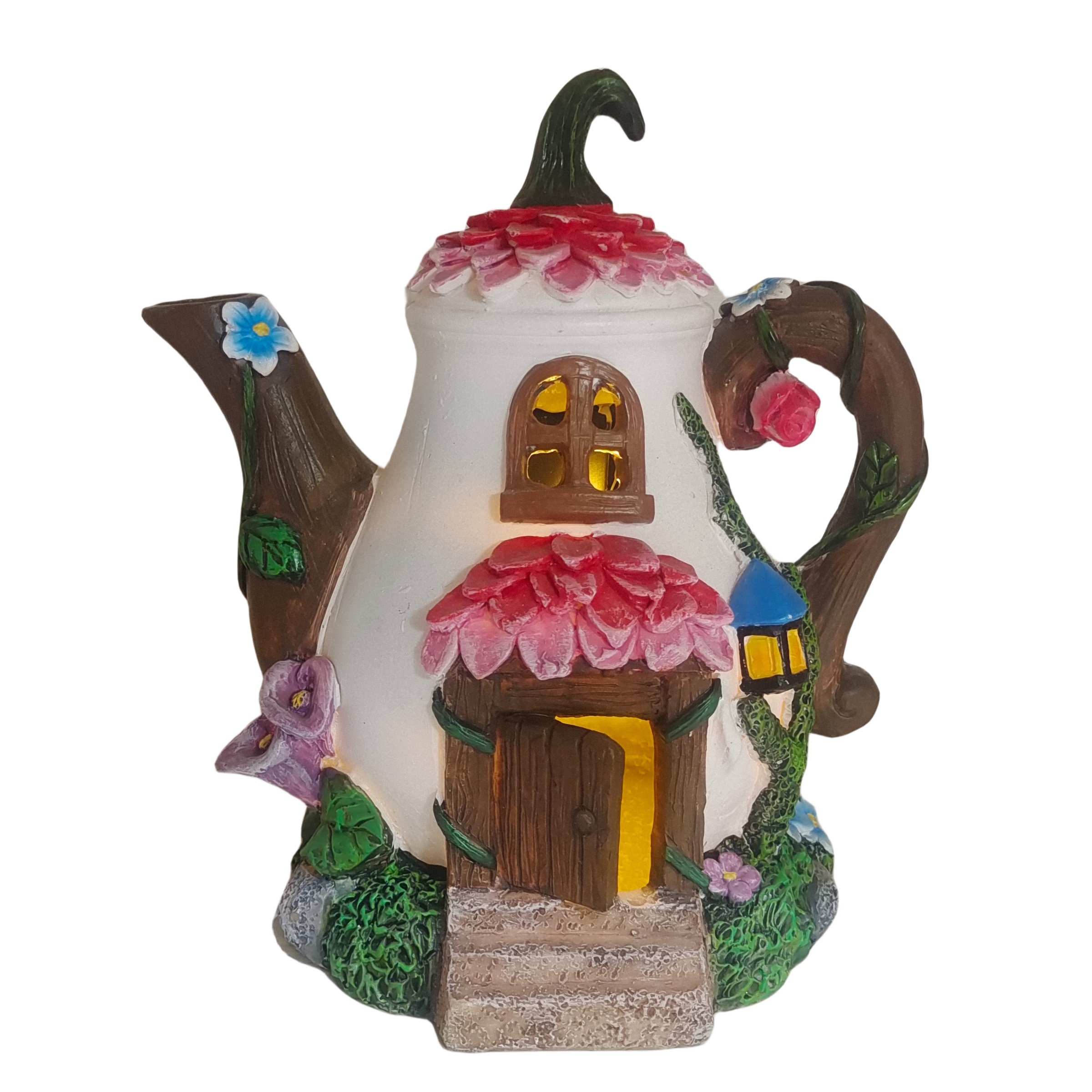Image of Aesthetic Resin Teapot House Landscape Solar Light, Suitable For Garden, Courtyard, Balcony, Windowsill, Desk, Bookshelf, Entrance, Bar Counter, For
