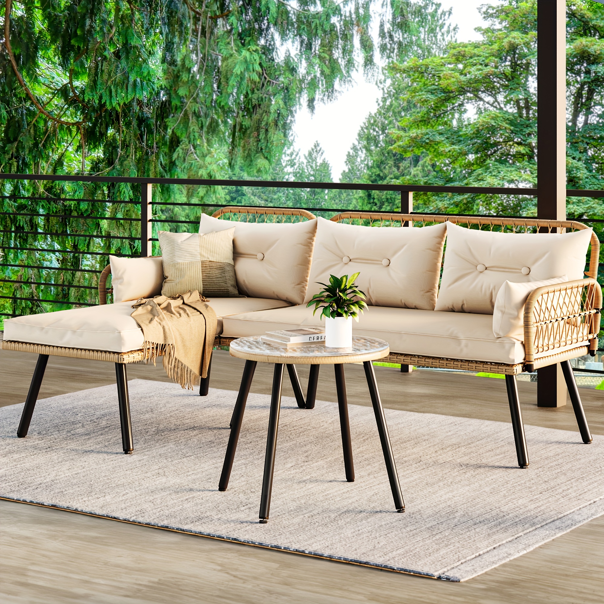 L Shaped Small Space Outdoor Conversation Set Fire Pit HOOOWOOO