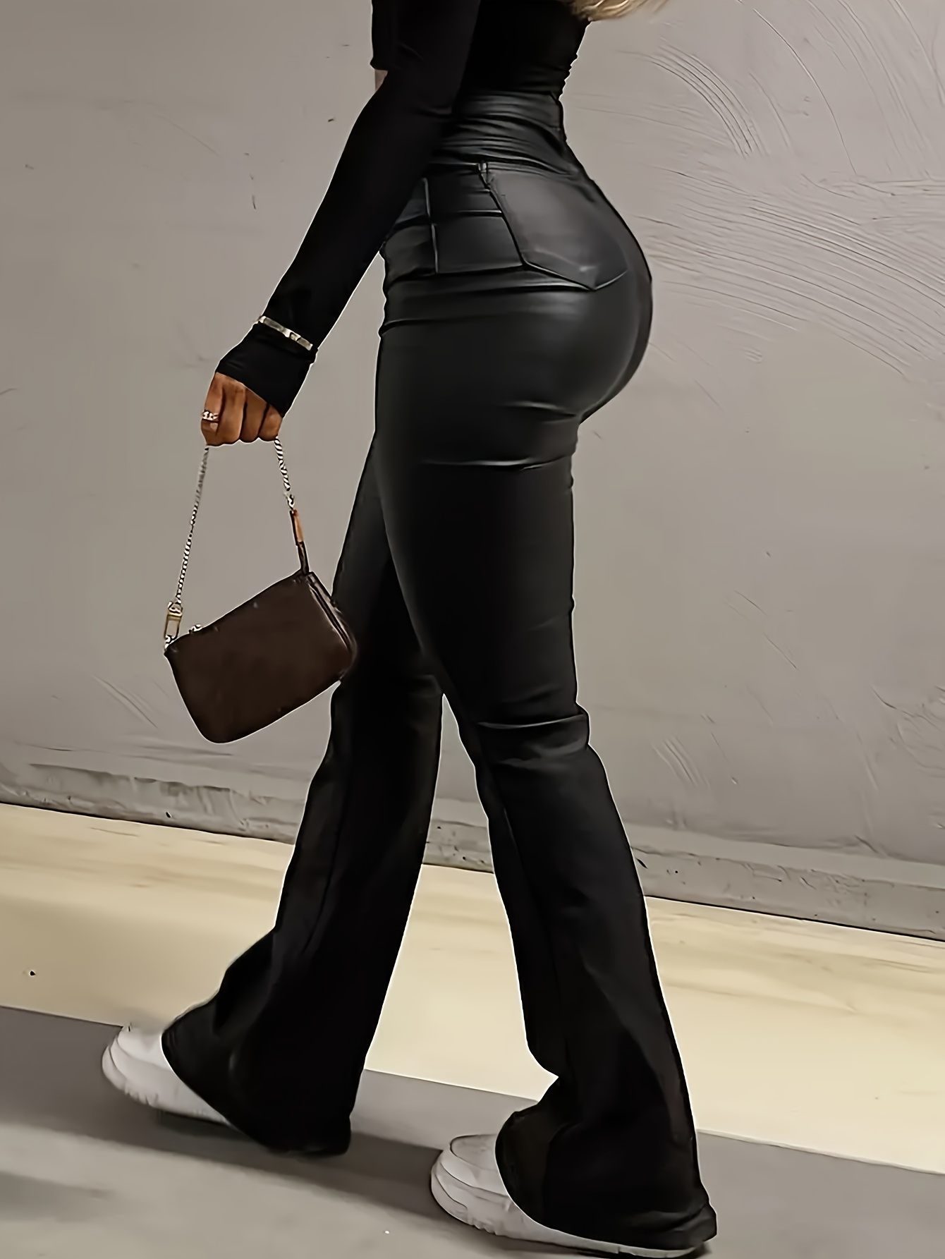 Elegant High-Waist Stretch Flare Jeans for Women - Comfort Fit with Pockets, Non-See-Through, Solid Color
