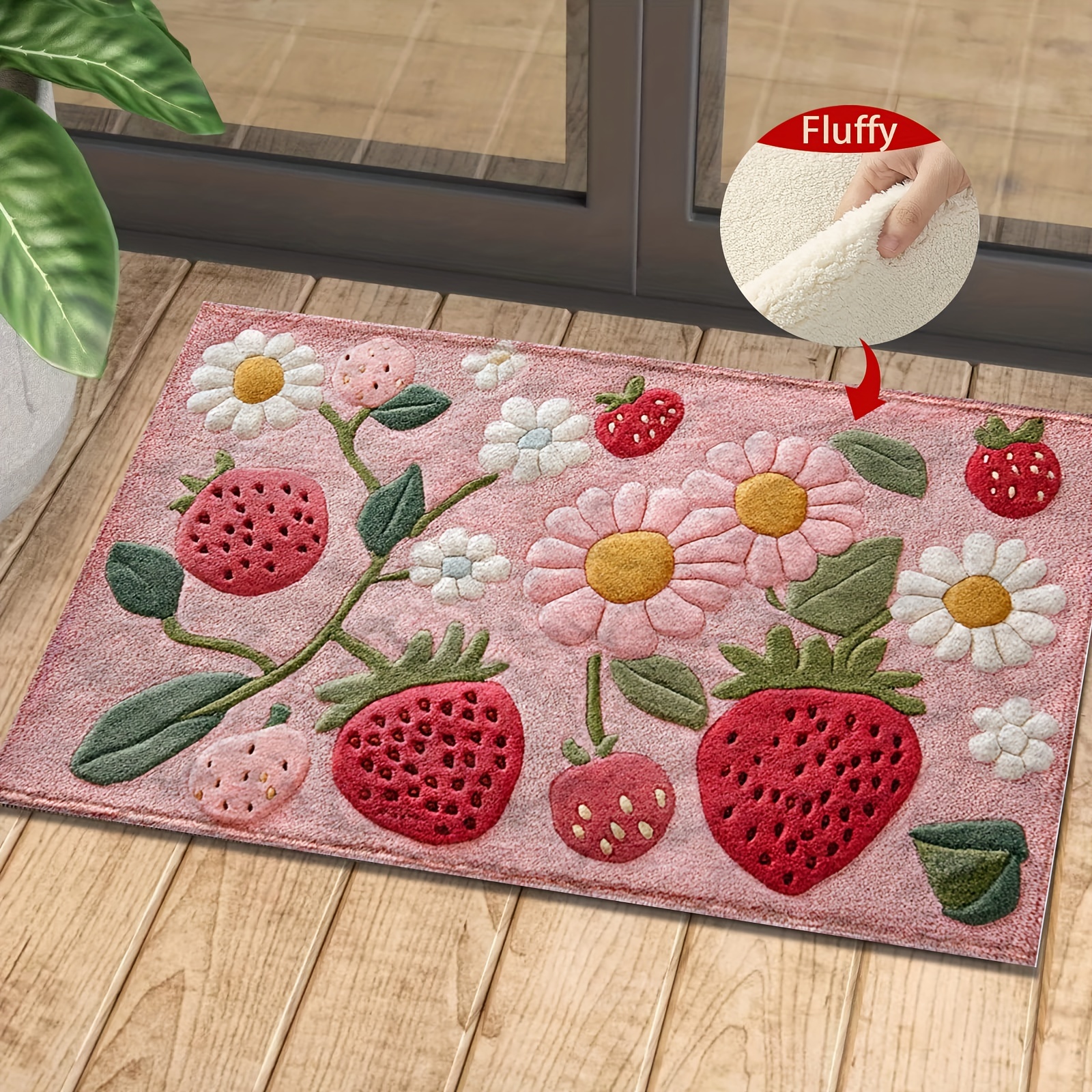 

1pc Cashmere Bath Mat With 3d Strawberry & Floral - Non-slip, Absorbent, And Stain-resistant For Bathroom, Kitchen, And Entryway Decor