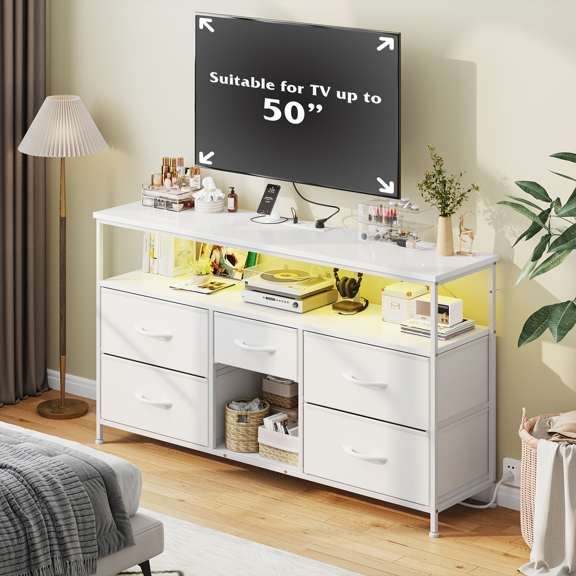 estante de   5 gavetas,   de entretenimento para tv de 50 polegadas, mesa de console de   com tomadas de energia e luzes led, armários de escritório, prateleira aberta,   detalhes 4