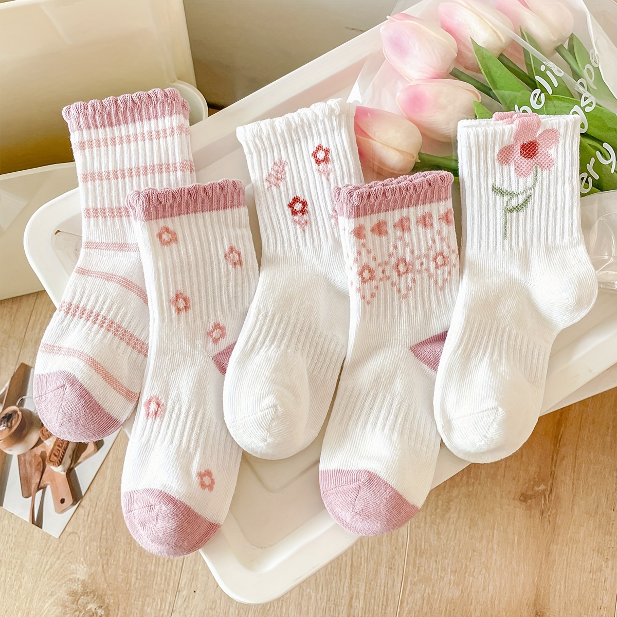 

5 Pairs Of Kid's Cotton Blend Fashion Cute Floral Pattern Crew Socks, Comfy & Breathable Soft & Elastic Thin Socks For Spring And Summer