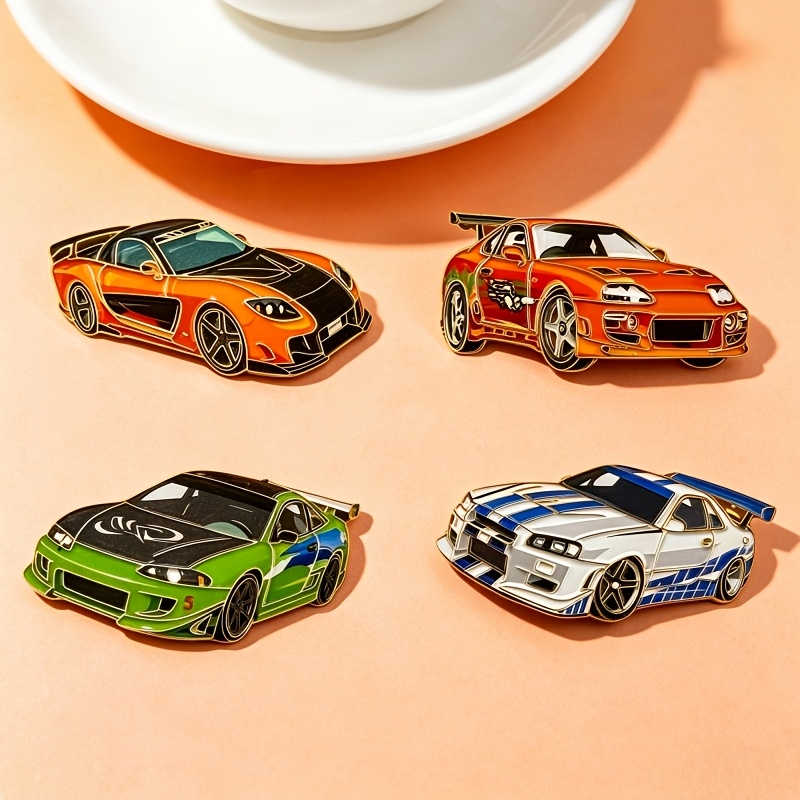 TEMU 4pcs Sports Car Cartoon Metal Brooch Set, Creatively Designed Badges, Versatile Decorative Accessories, Suitable For Daily Collection, Bag