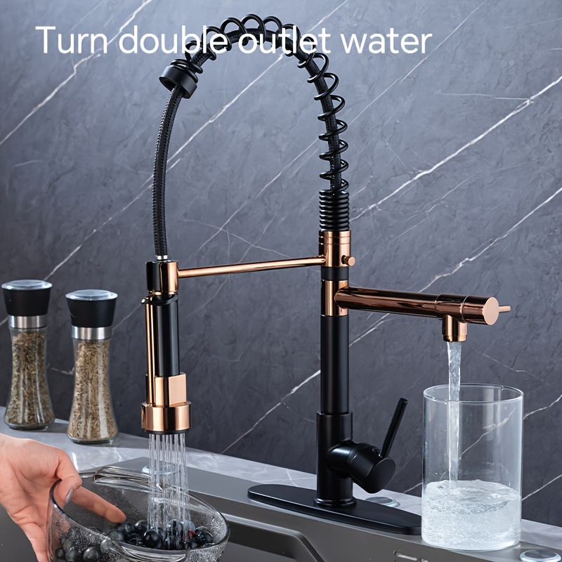 

Kitchen Faucet With Pull-down Spray, Single Handle Double Outlet Commercial Kitchen Sink Faucet, Solid Copper Body, With Deck 1 Or 3 Hole Compatibility