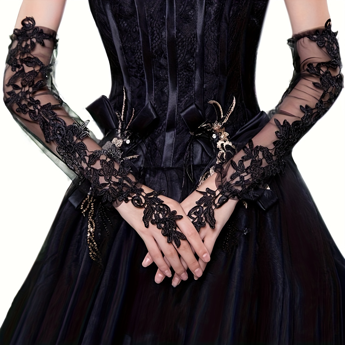 TEMU 1 Pair Women's Long Lace Opera Gloves Mesh Sleeve Fingerless Elbow-length Sheer Wedding Banquet Party Photography Travel