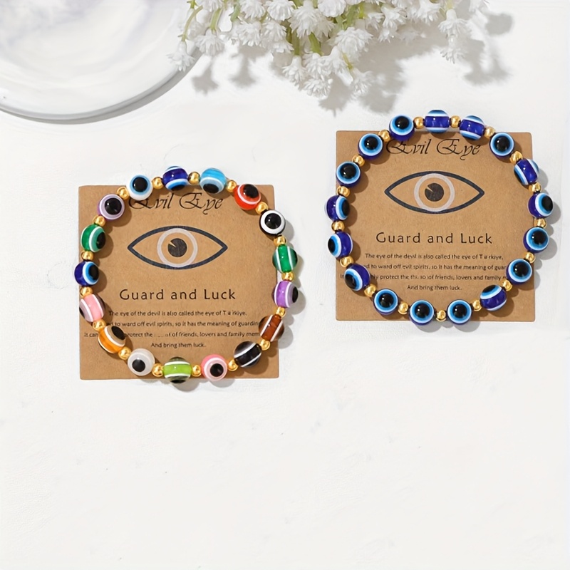 Evil Eye Protection Bracelet, Adjustable Elastic & Golden Beaded Jewelry