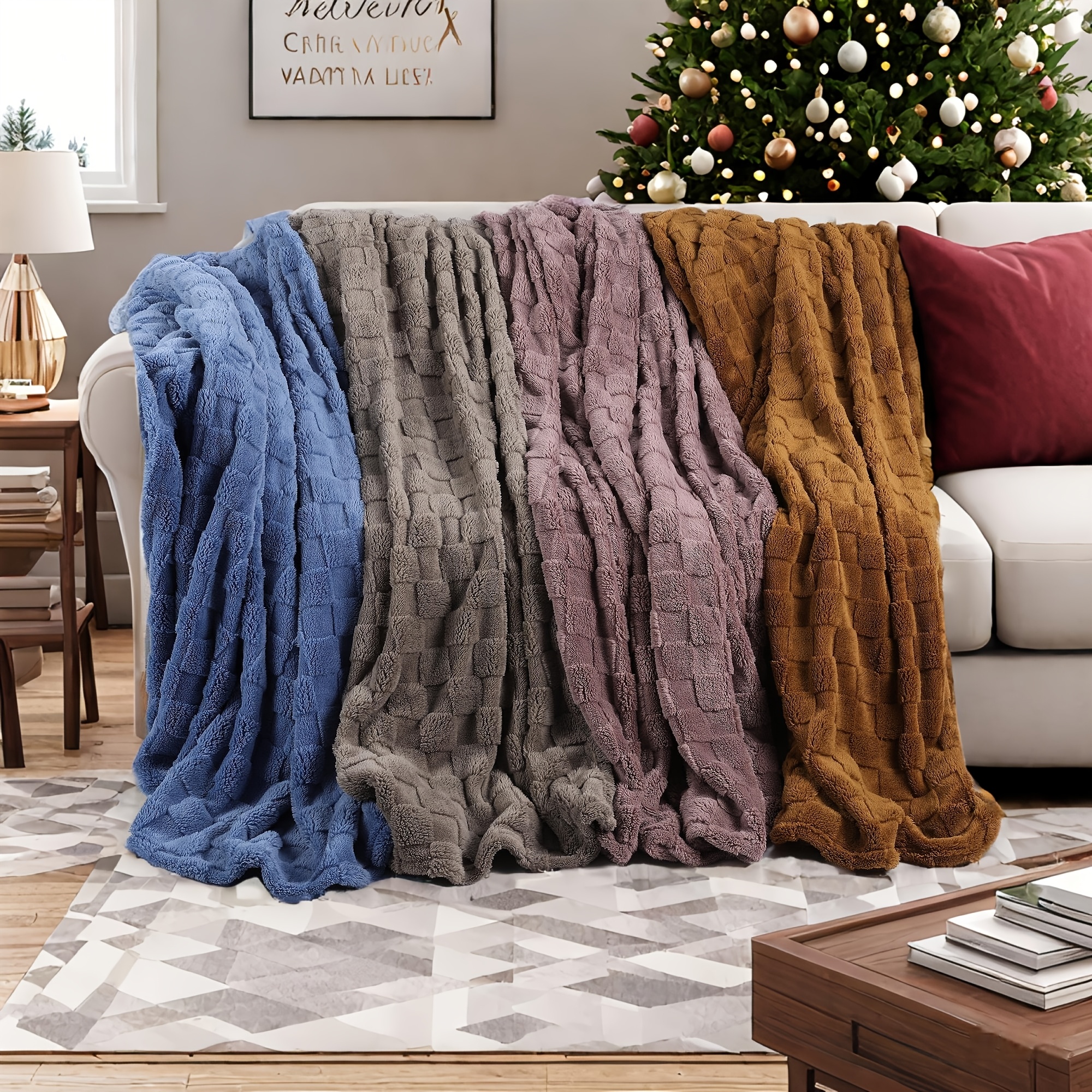 

Blanket| -size Striped Flannel Blanket - Cozy, In Blue, Gray, Purple, Brown - Ideal For Sofa , Office, Camping, - 100% Polyester, Hand-washable - Perfect Christmas Gift, Duoduo