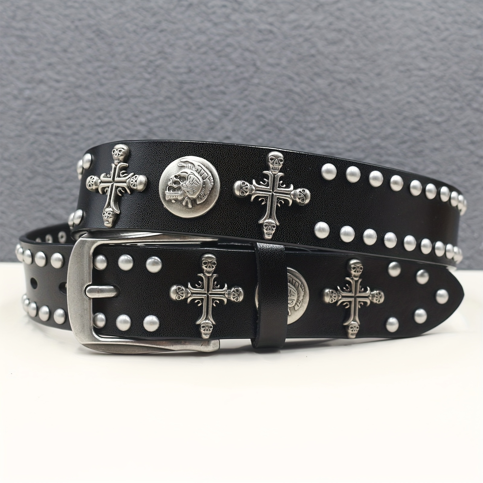 Studded Cowboy Belt with Cross Skull Design