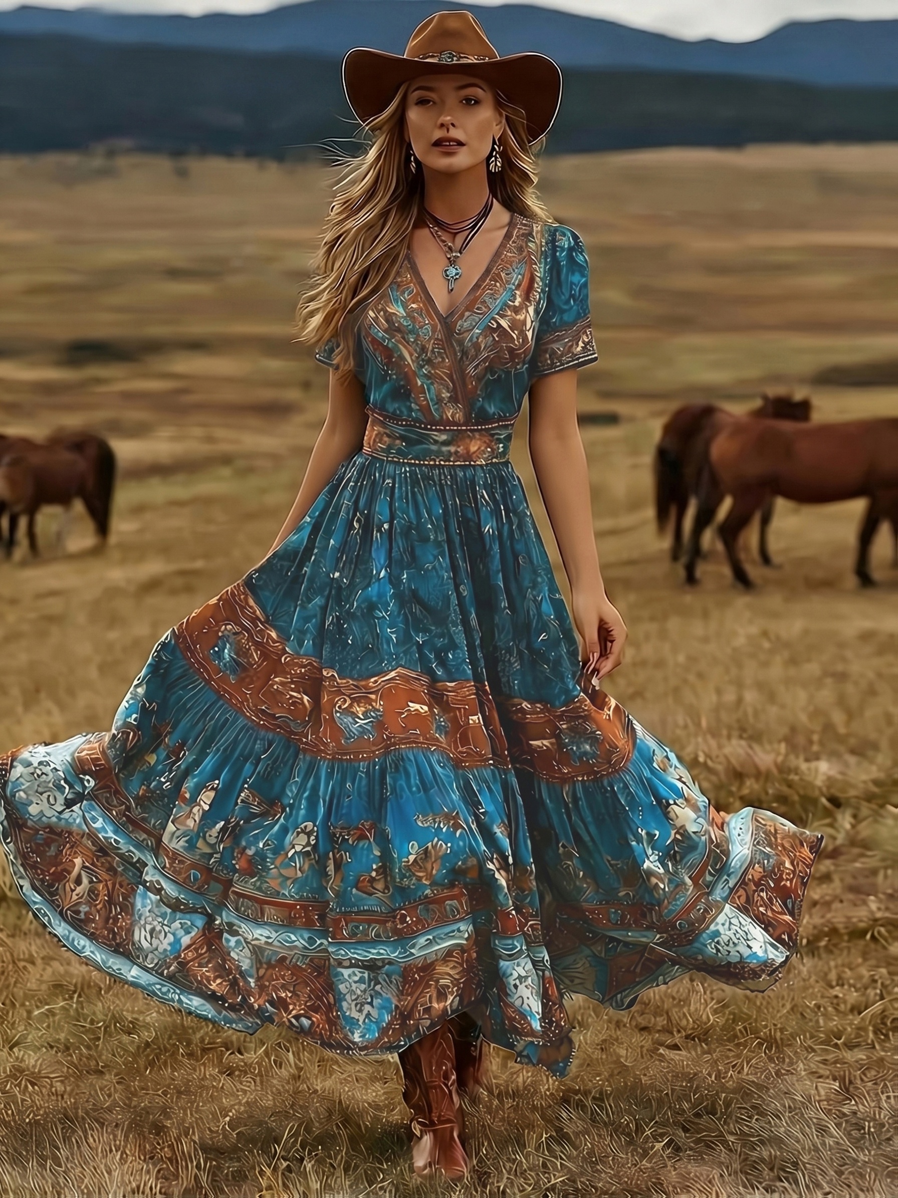 womens bohemian western dress with turquoise animal ethnic print v neck short sleeve high waist line maxi dress suitable for cowboy vacation outfits spring summer weddings machine washable color block   dress