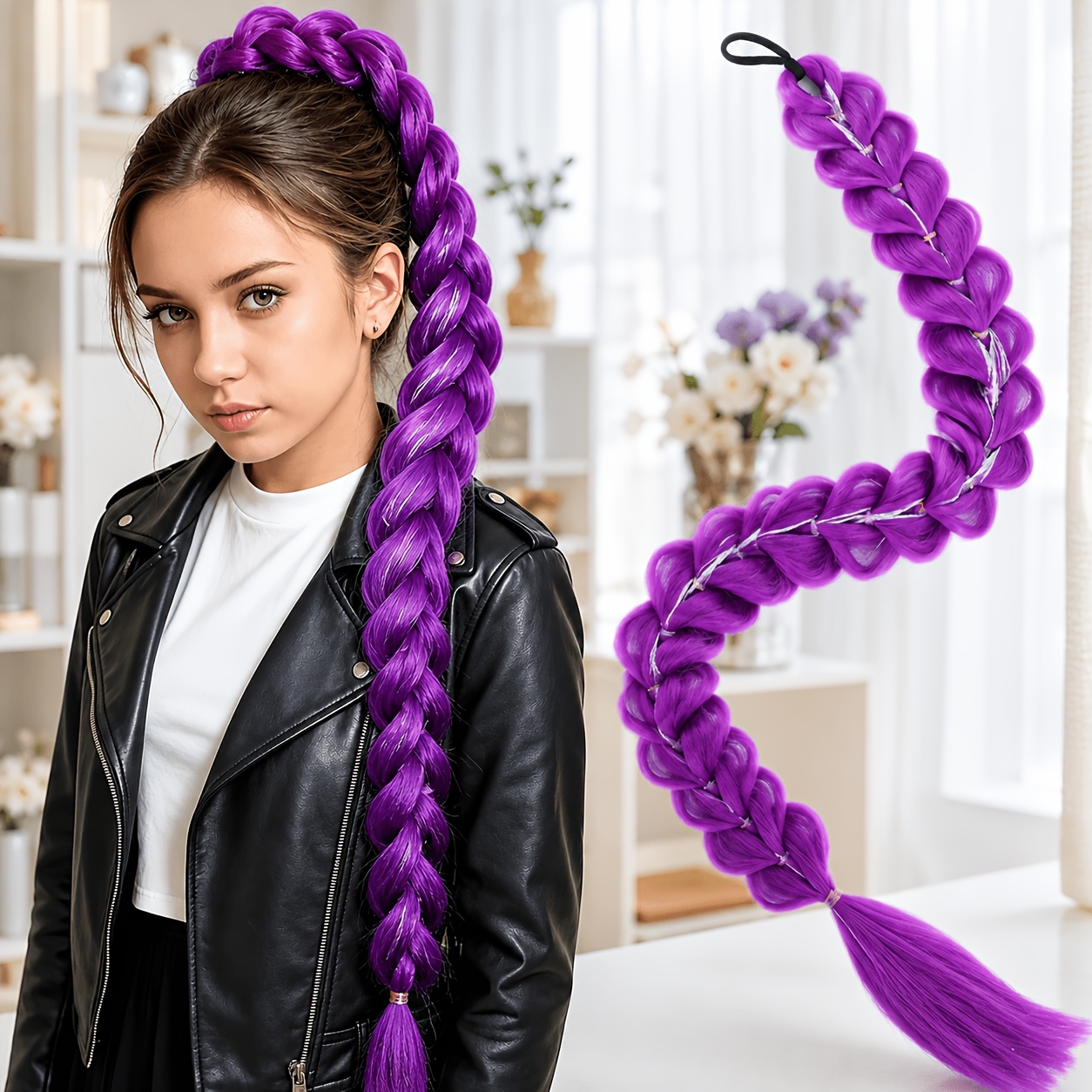 TEMU No-braid K-pop Purple Braided Ponytail Hair Extension With Silvery , Drawstring Elastic Band Long Thick Braid Ponytail Wig, Suitable For