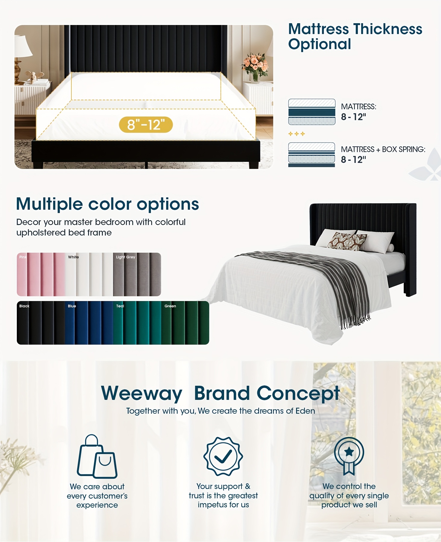 WEEWAY Wingback Velvet Upholstered Platform Bed Frame, Vertical Channel Tufted Headboard, Wooden Slats Support, Heavy Duty Mattress Foundation, No Box Spring Needed, Easy Assembly, Avabliable Full/Queen/King Size, Free Shipping