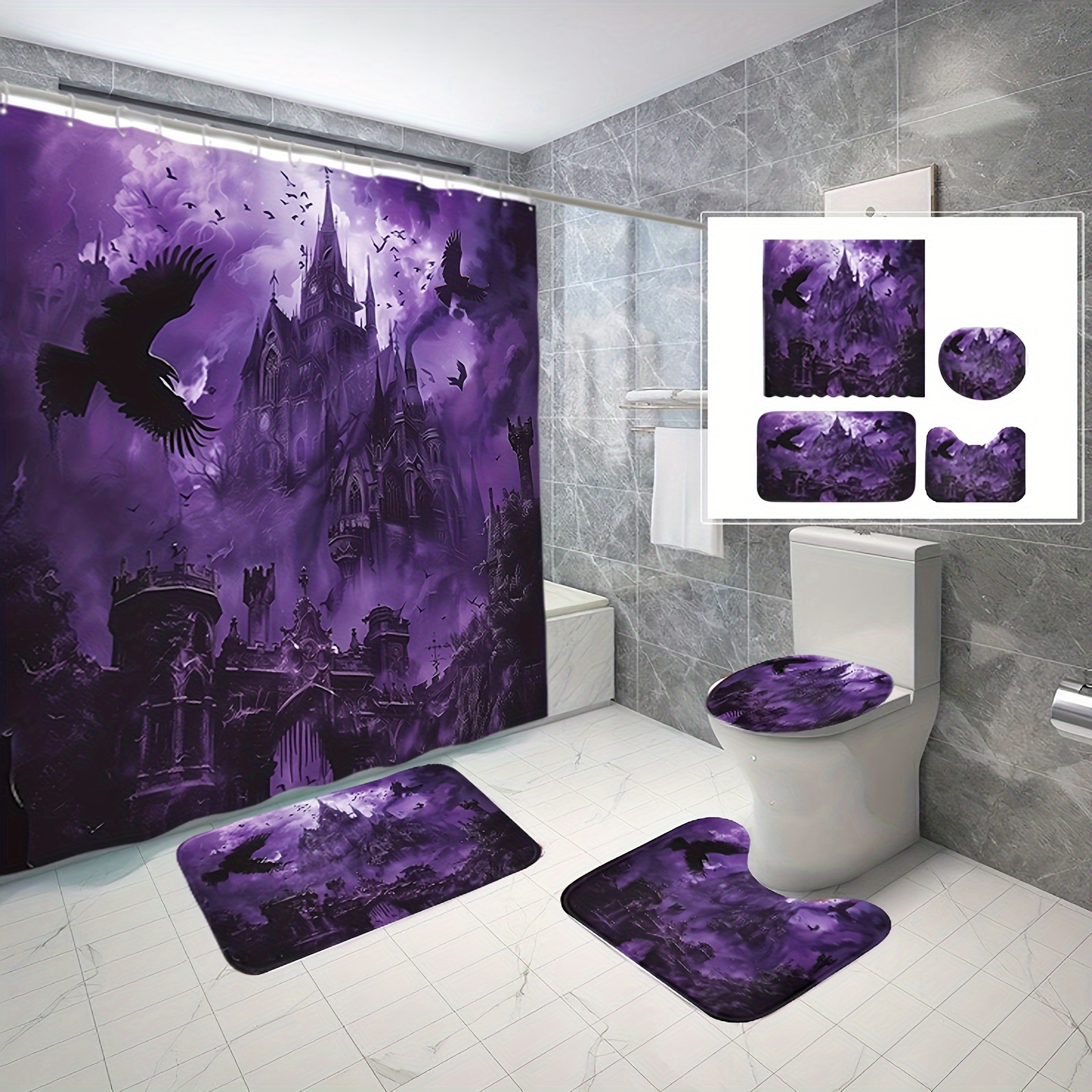 

4pcs Gothic Castle Aesthetic Shower Curtain Set With Flying , Waterproof Polyester Fabric With 12 Hooks – Includes Non-slip Bath Mat, Toilet Lid Cover, And U-shaped Rug, Halloween Decor