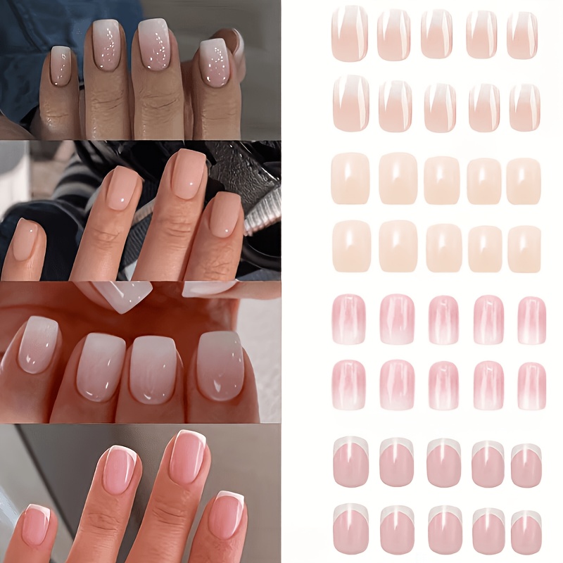 TEMU 96pcs French Gradient Short Square False Nails, Style With Gradient And Solid Color Designs, Suitable For Women And On Holidays, Parties, And