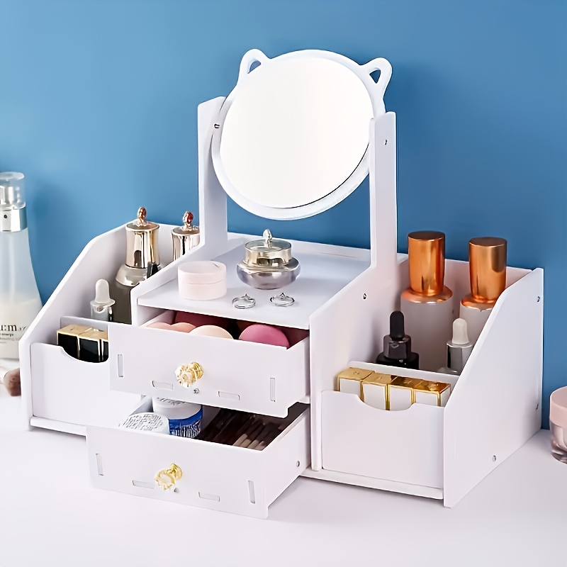 

1pc Vanity Makeup Organizer With Mirror, Dust-proof Plastic Cosmetic Storage Box With Drawers, Countertop Jewelry Holder, No Power Needed