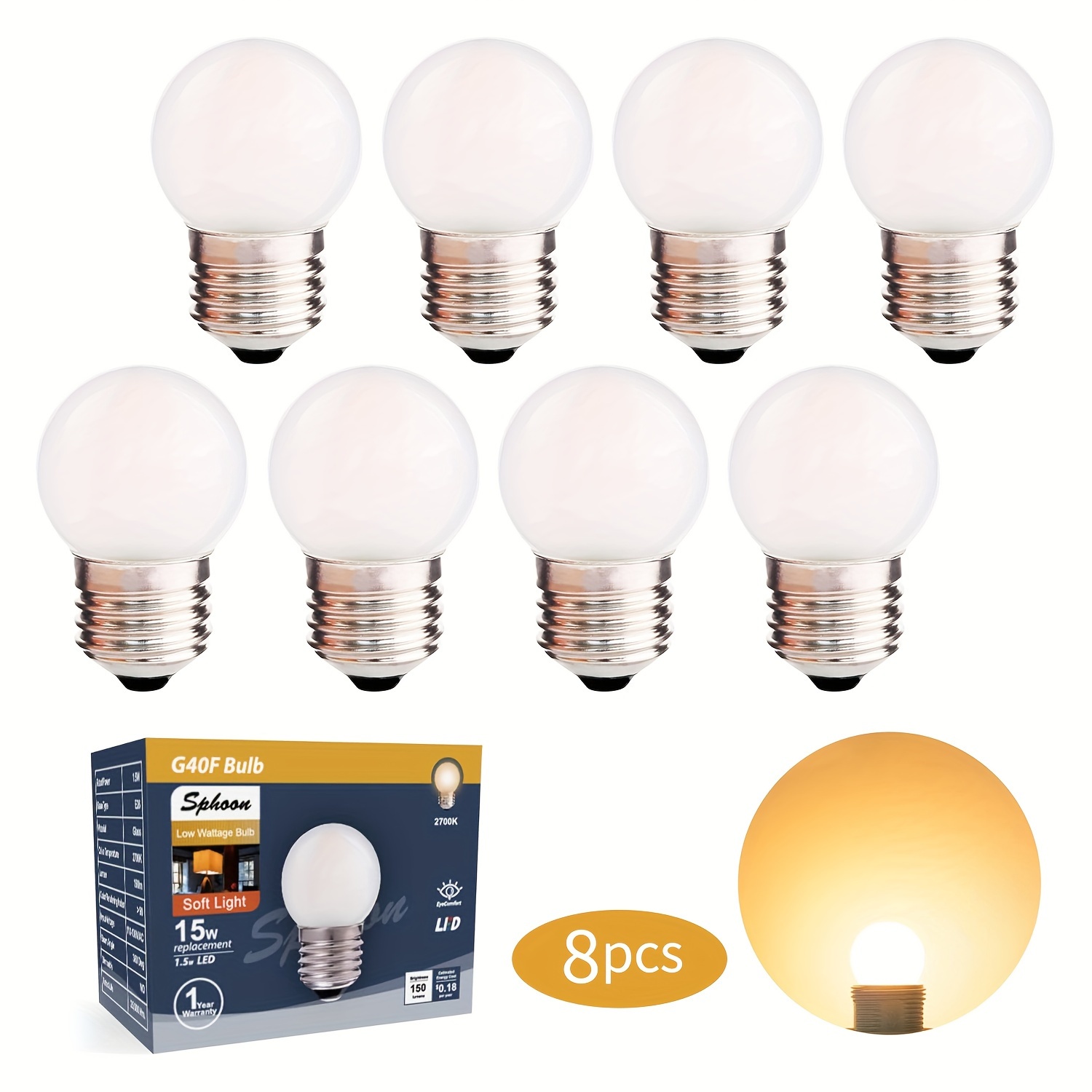 

G40 1.5w Low Wattage Led Bulb Equivalent 15 Watt Standard, E26 Base G14 Small Low Power Light Bulb, Warm White 2700k, Cri 90+, 150lm, Frosted, Pack Of 8